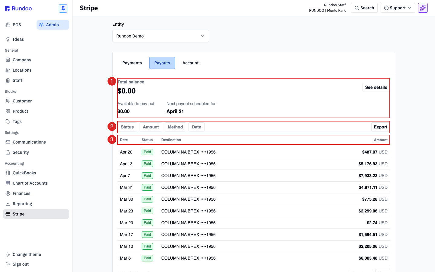 Rundoo Admin Stripe Payouts tab with a balance summary on top and a list of past payouts by date and status