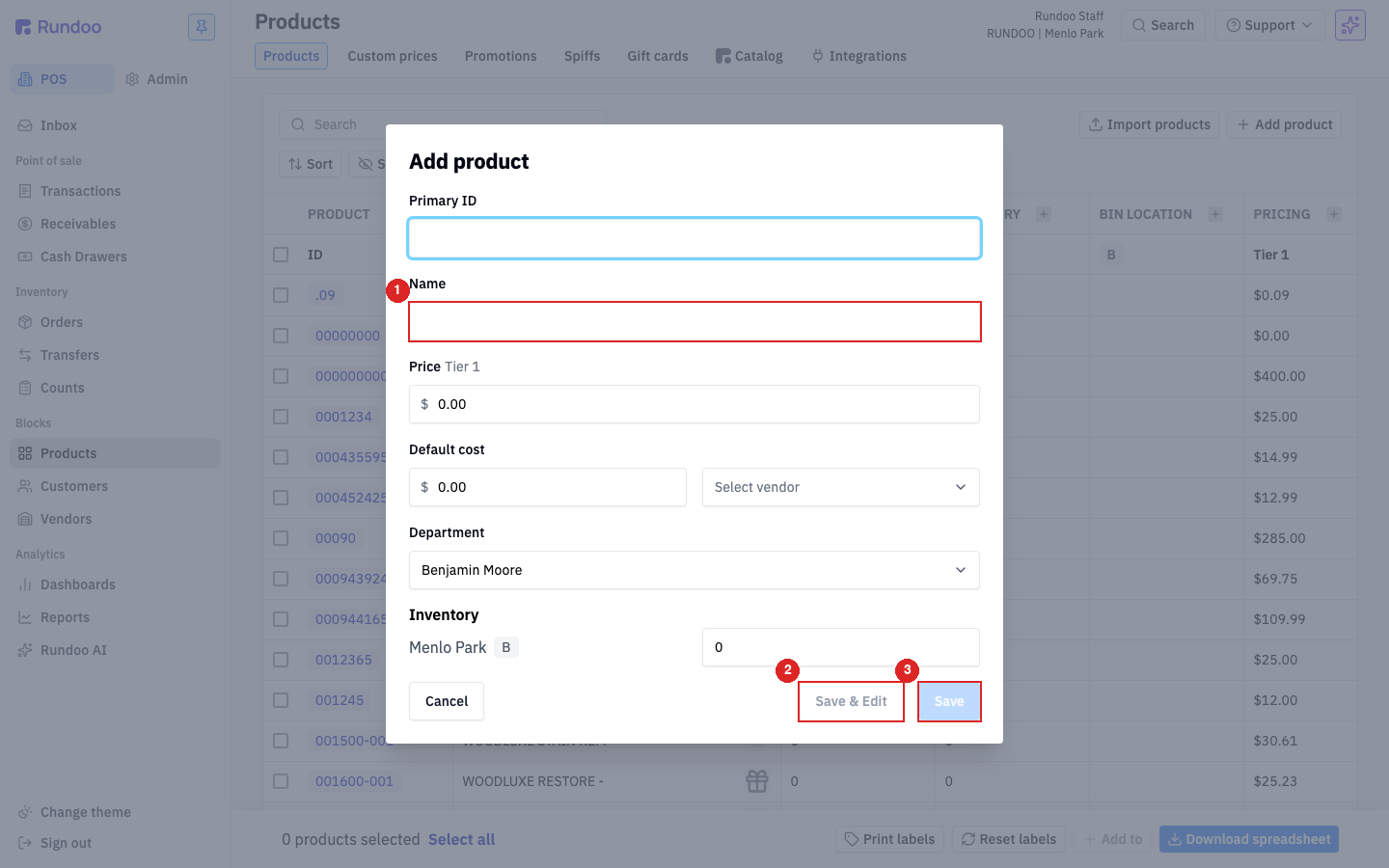 The Add product modal showing Primary ID, Name, Price Tier 1, Default cost, Select vendor, Department, Inventory, and the Save and Save & Edit buttons