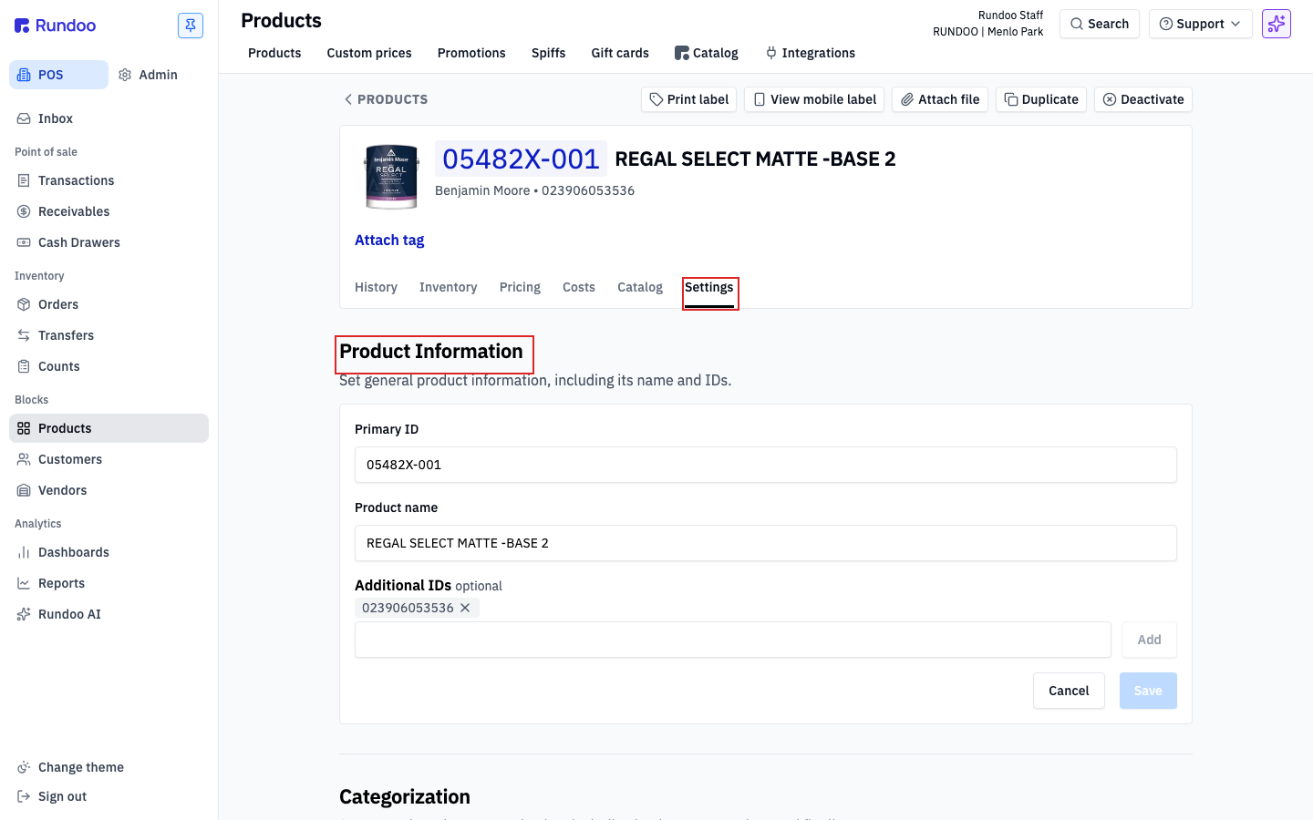 The product Settings tab, where Categorization, Units of measure, and Additional IDs are set after the product is created