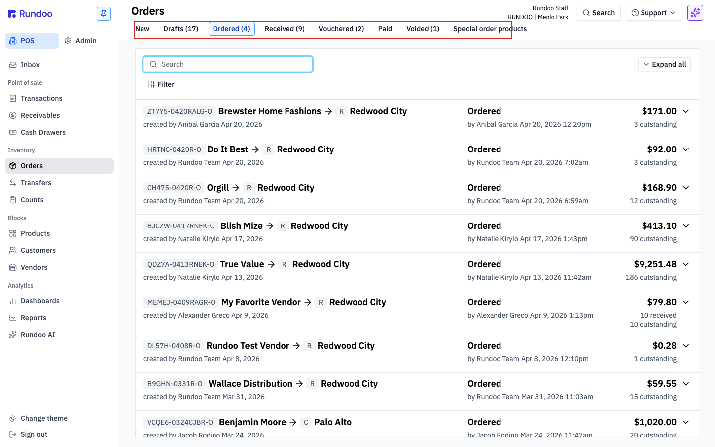 The Rundoo Orders screen with the lifecycle tab strip highlighted: New, Drafts, Ordered, Received, Vouchered, Paid, Voided, Special order products