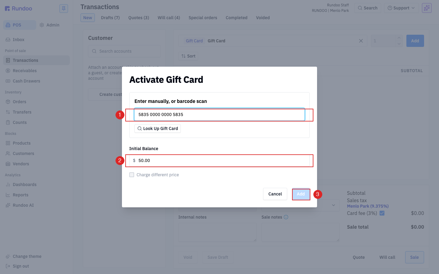 Activate Gift Card modal with fields for the card number and initial balance, and an Add button