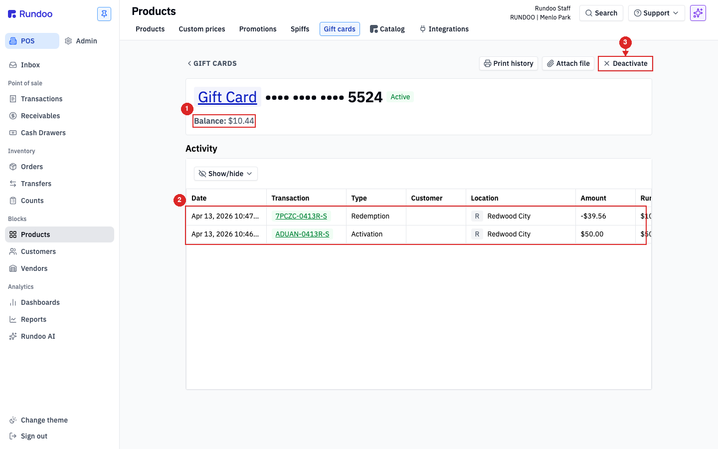 Gift card detail page showing status, current balance, an activity history table, and a Deactivate button