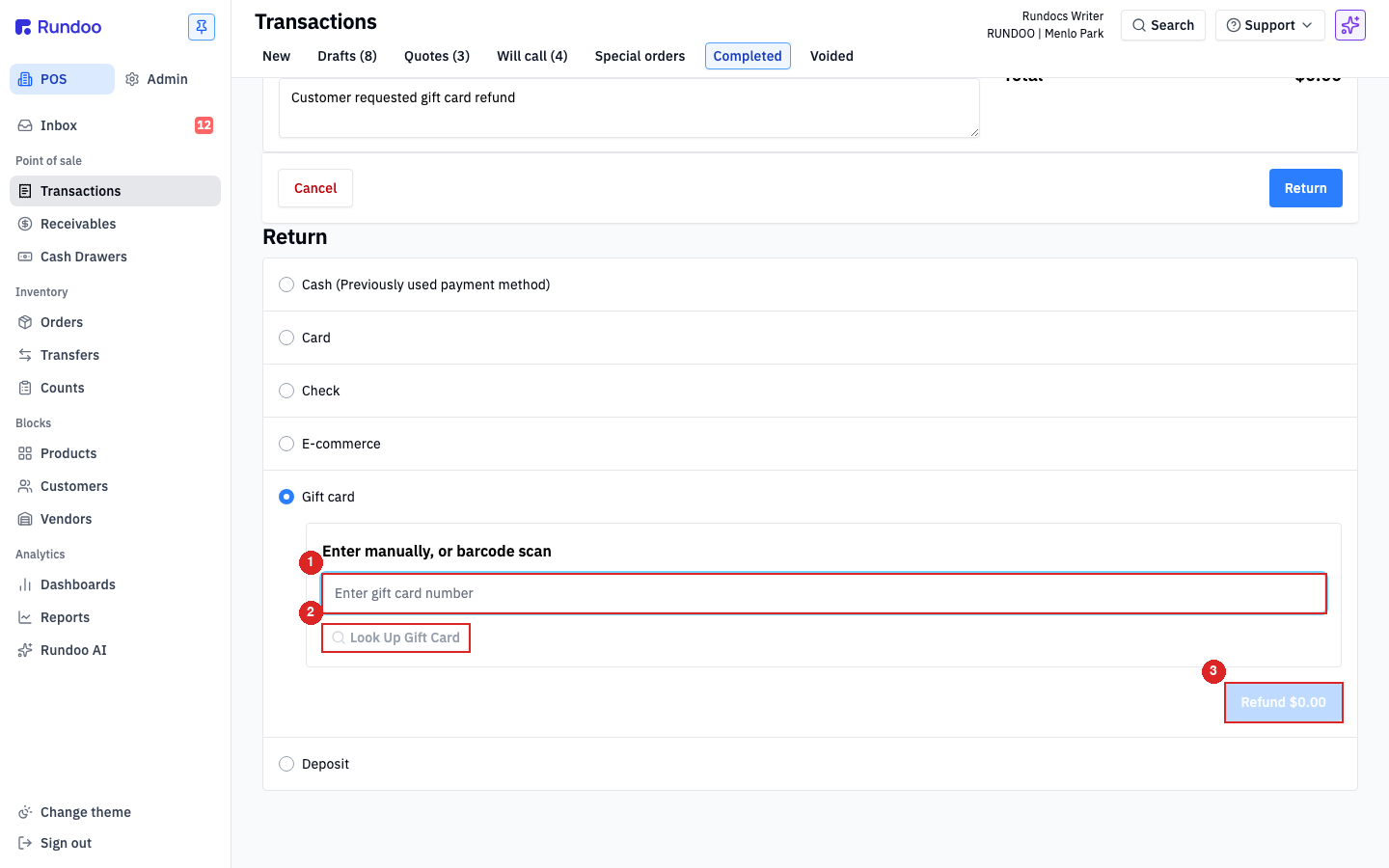 Return section with Gift card selected as the refund method, a card-number field, and a Refund button