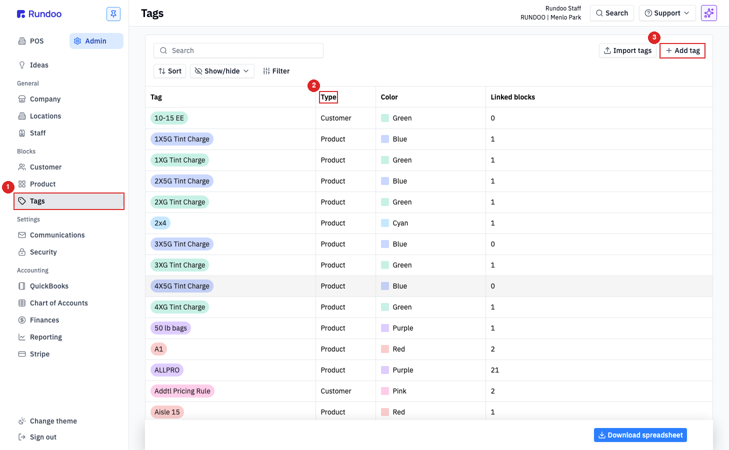 The Tags screen in Admin, showing Tags in the sidebar, the Type column, and the Add tag button in the top-right