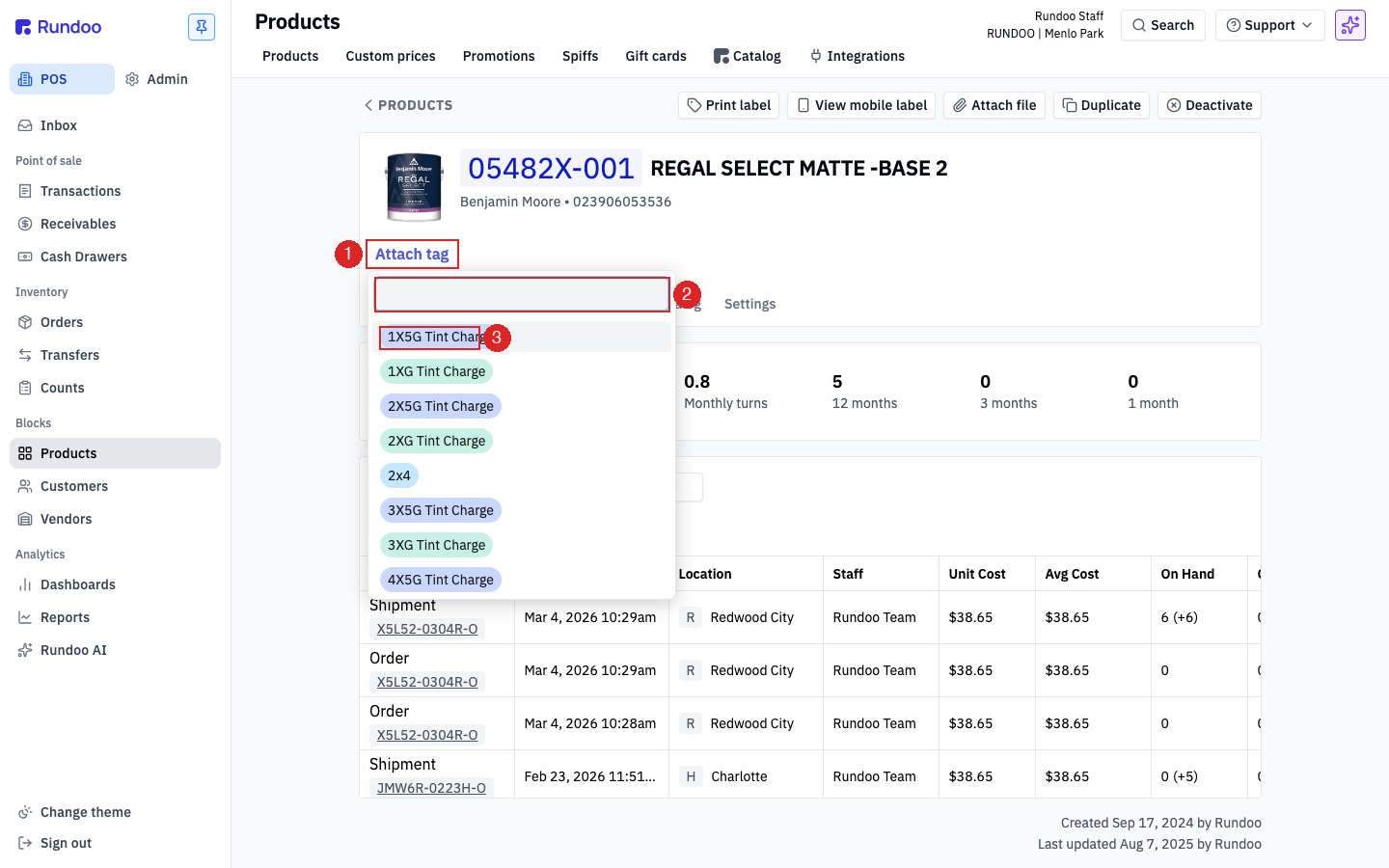 A product detail page with the Attach tag link highlighted and a search-and-pick list of tags open below it