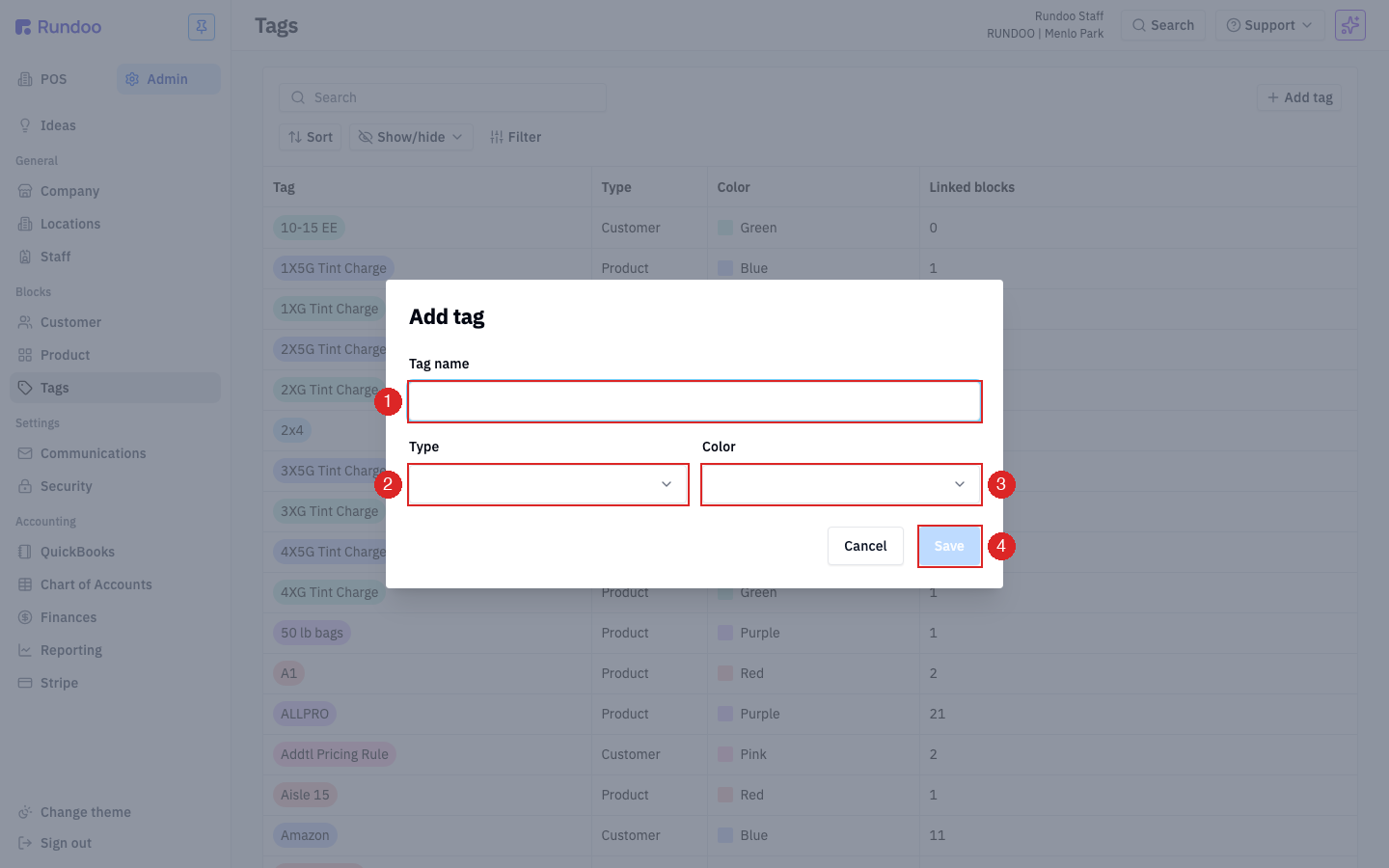 The Add tag modal with fields for Tag name, Type, and Color, and a Save button