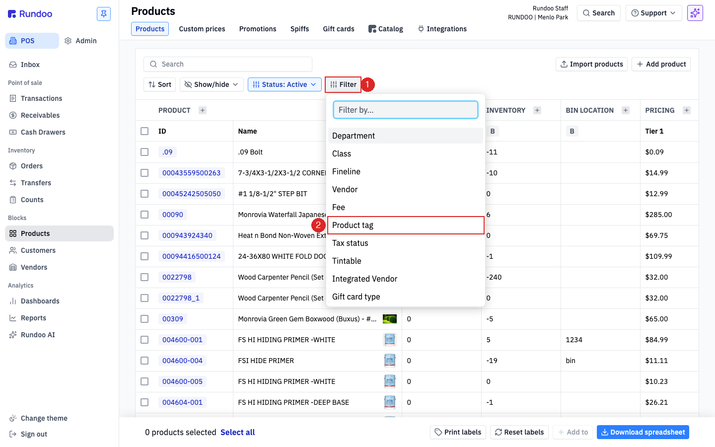 The Products list with the Filter menu open and Product tag highlighted in the column list
