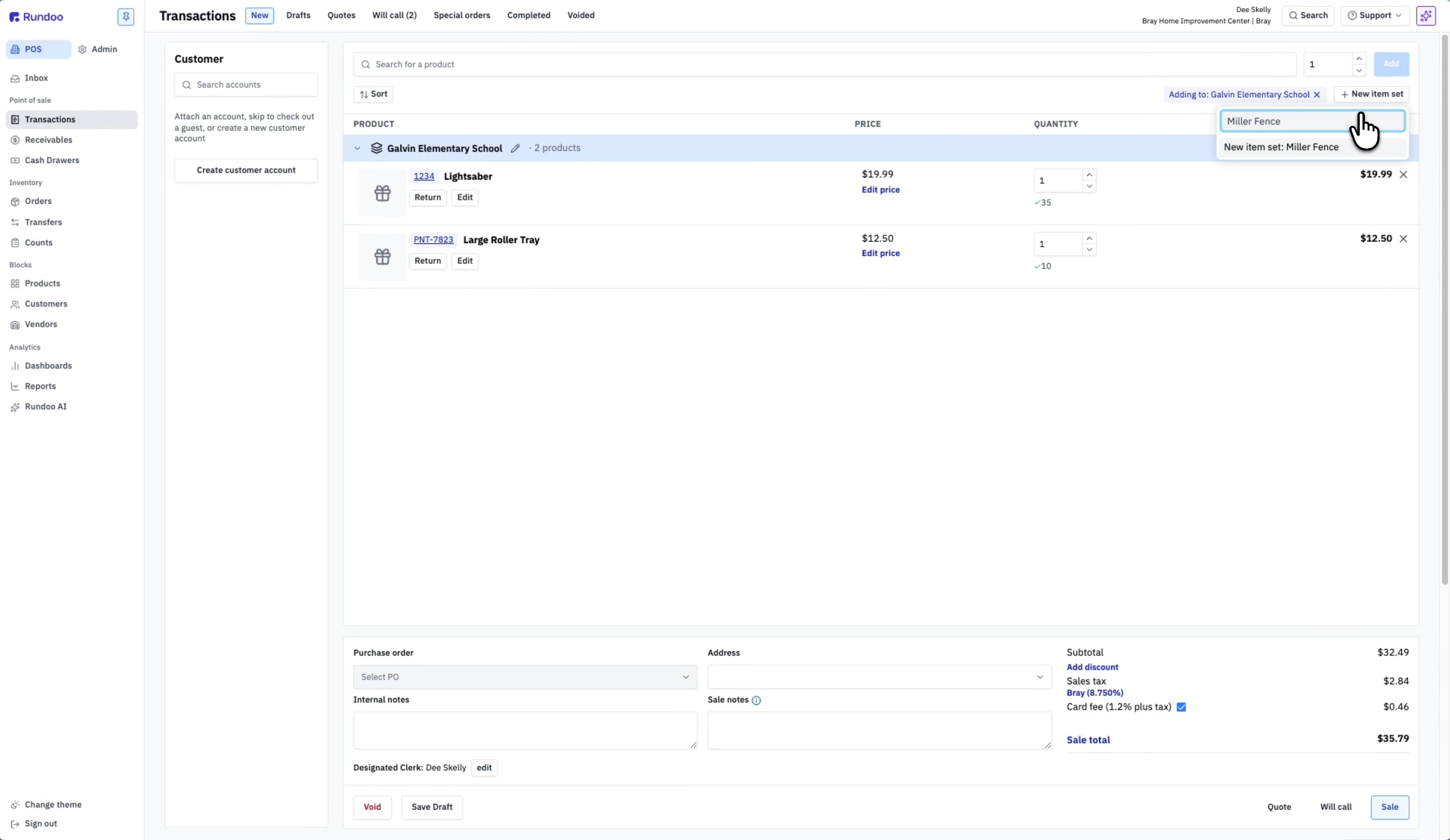 The New item set control open, with the name Miller Fence typed and a New item set: Miller Fence option ready to click, while items already sit grouped under a first set