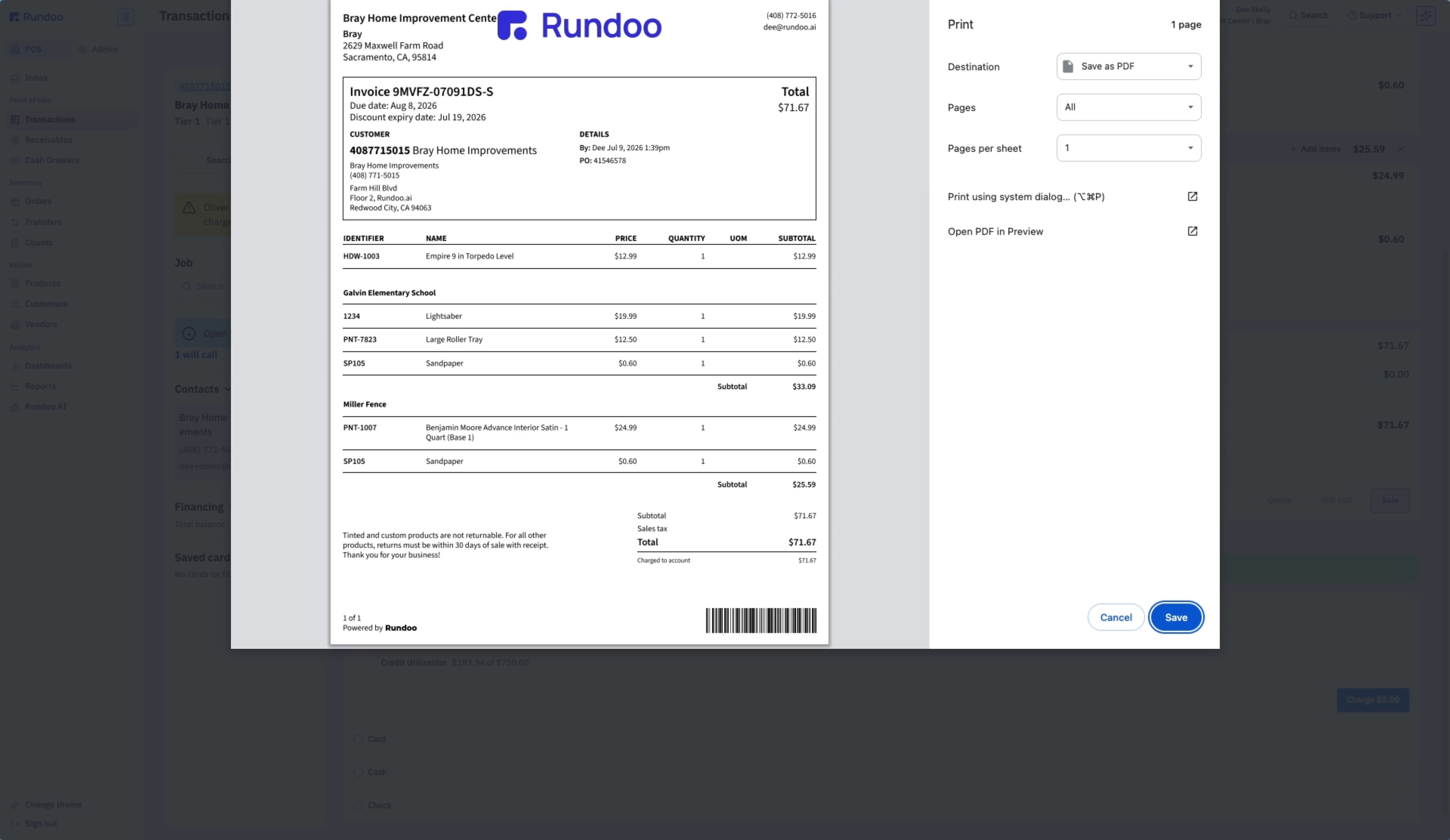 A printed Rundoo invoice showing an ungrouped line at the top, then Galvin Elementary School with a $33.09 subtotal and Miller Fence with a $25.59 subtotal
