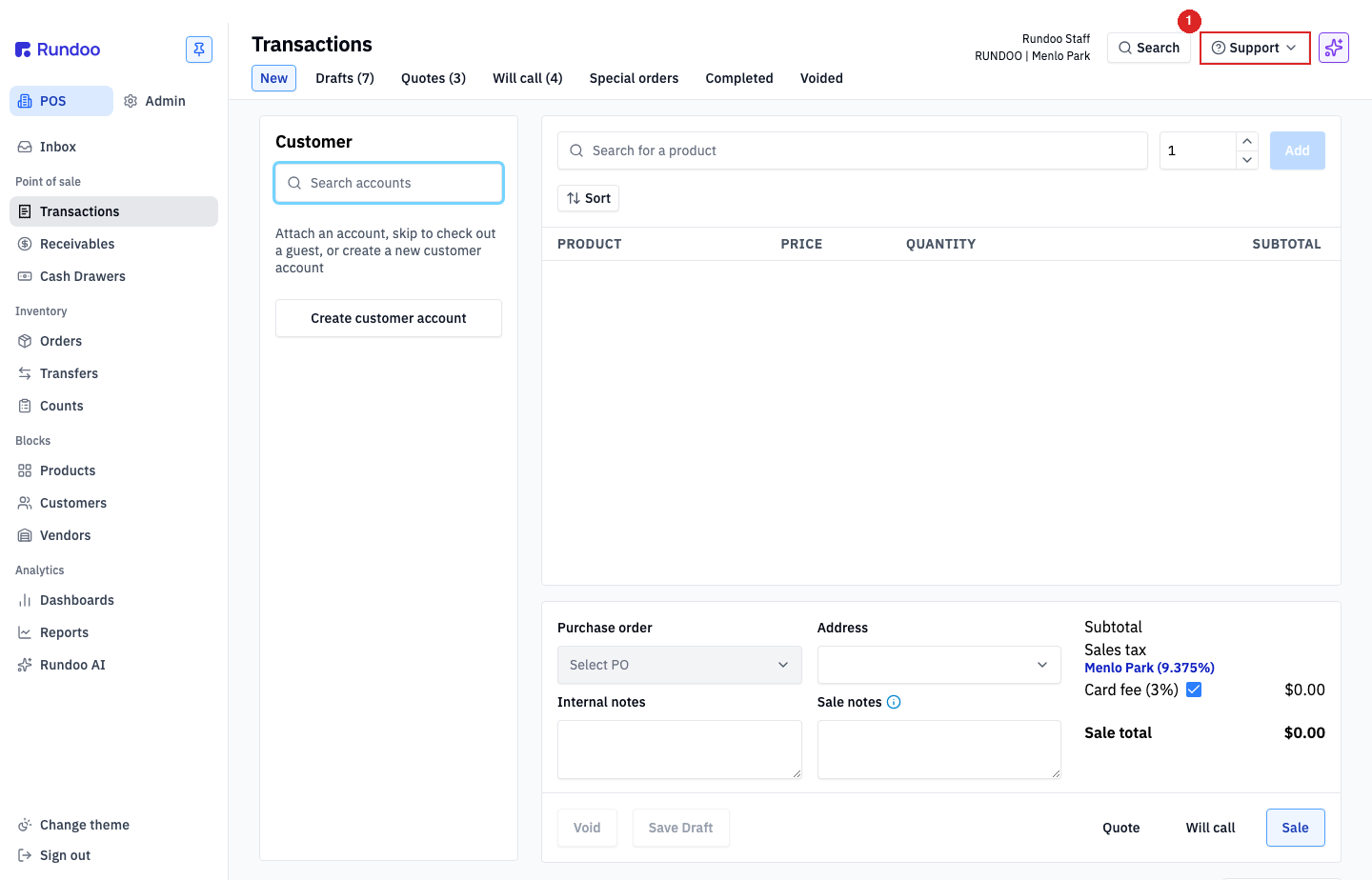 Rundoo POS header with the Support button highlighted at the top-right, next to Search
