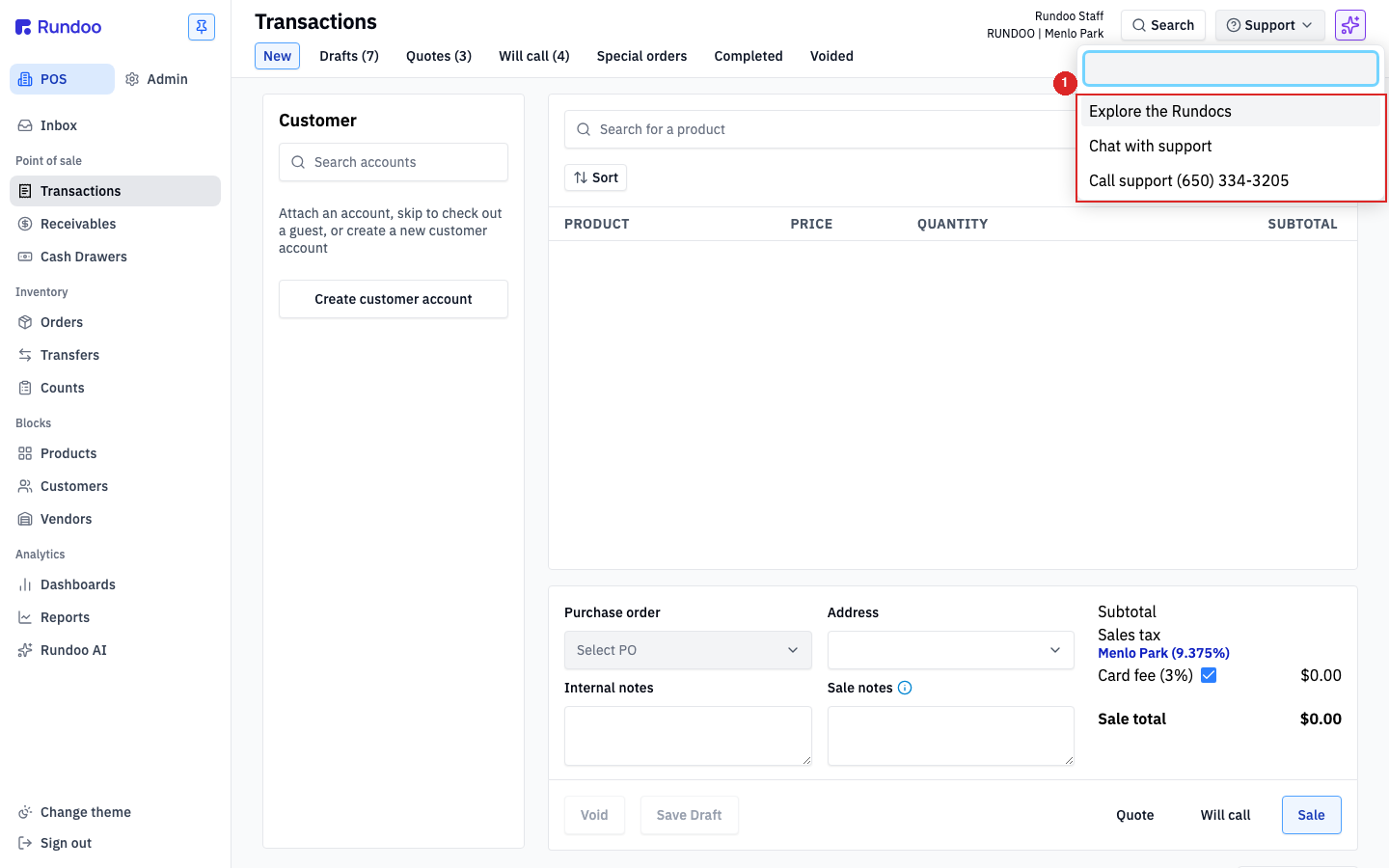 The Support menu open, showing Explore the Rundocs, Chat with support, and Call support (650) 334-3205