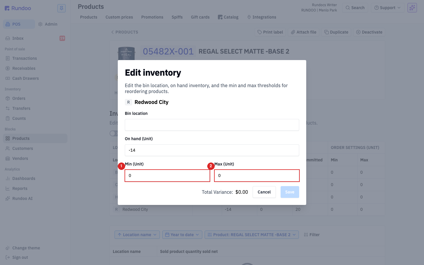 The Edit inventory modal for the Redwood City location with Bin location, On hand, Min, and Max fields and a Save button