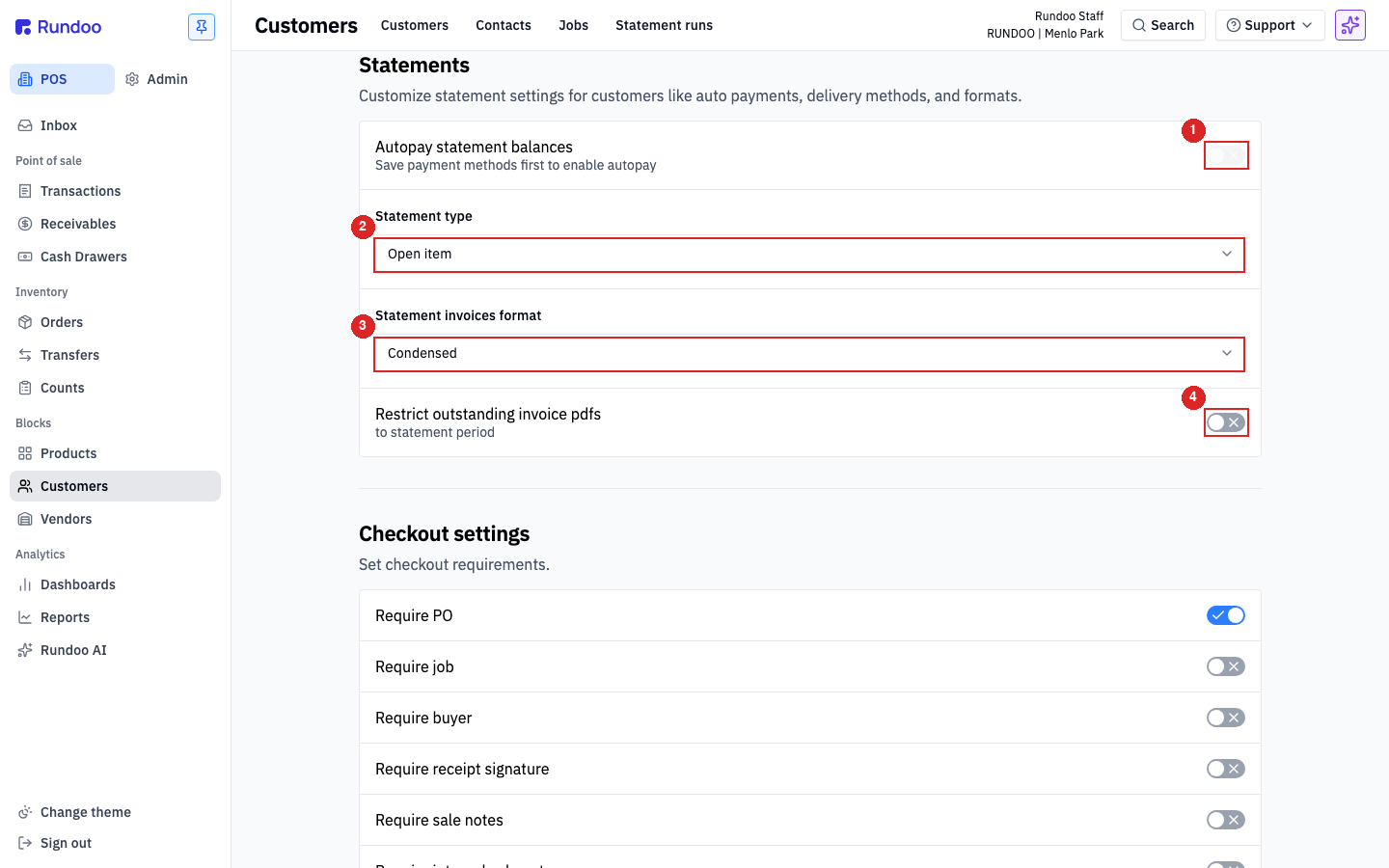 The Statements section on a customer's Settings tab, showing Autopay statement balances, Statement type set to Open item, Statement invoices format set to Condensed, and the Restrict outstanding invoice PDFs to statement period toggle