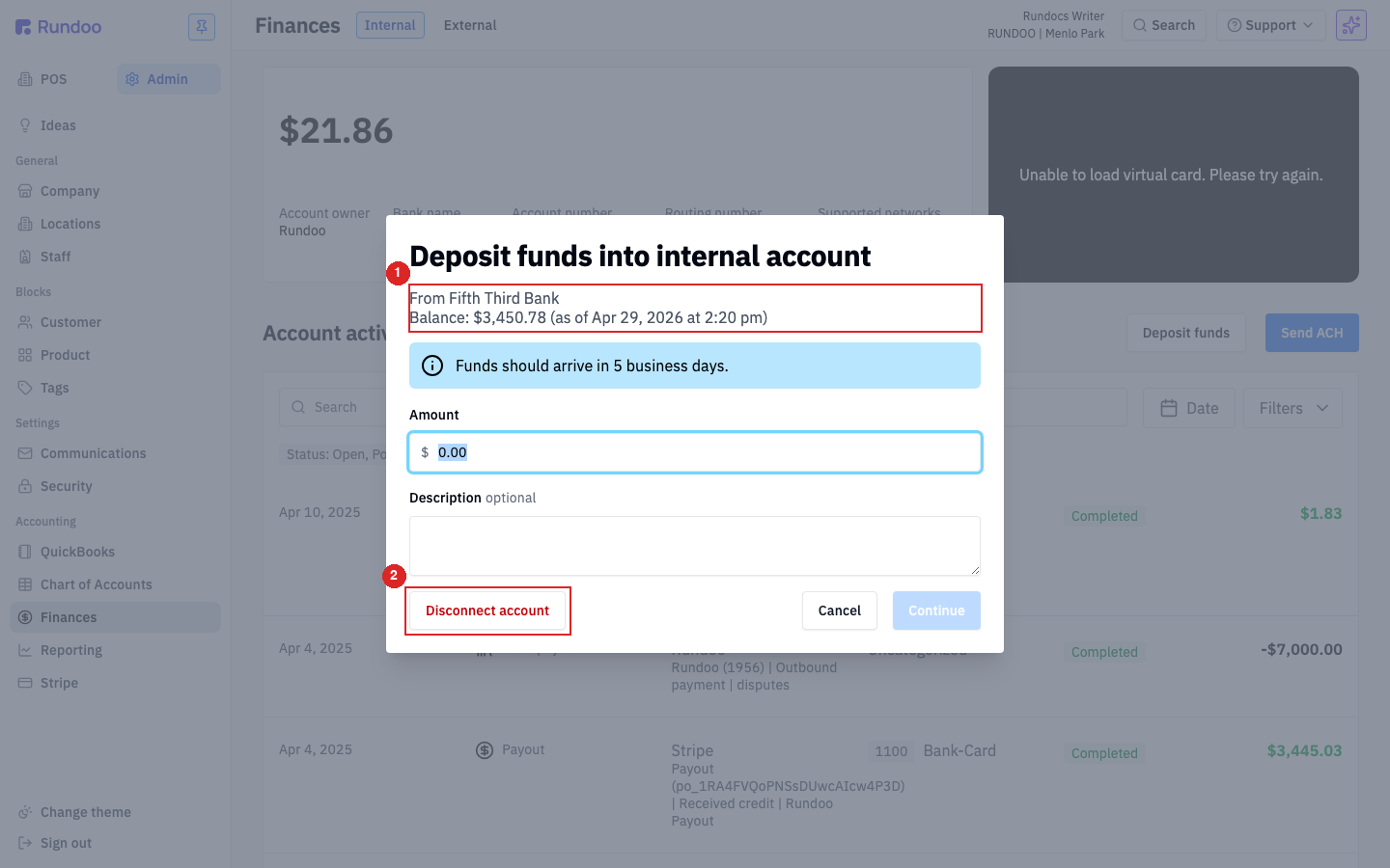 Deposit funds modal showing the linked source bank, its balance, an amount field, and a Disconnect account button
