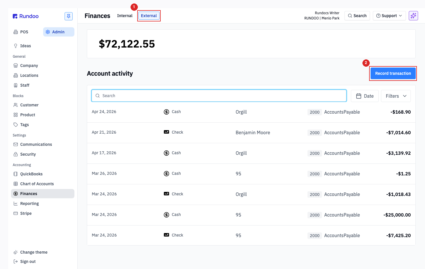 Finances External tab showing a running balance, a list of recorded transactions, and a Record transaction button