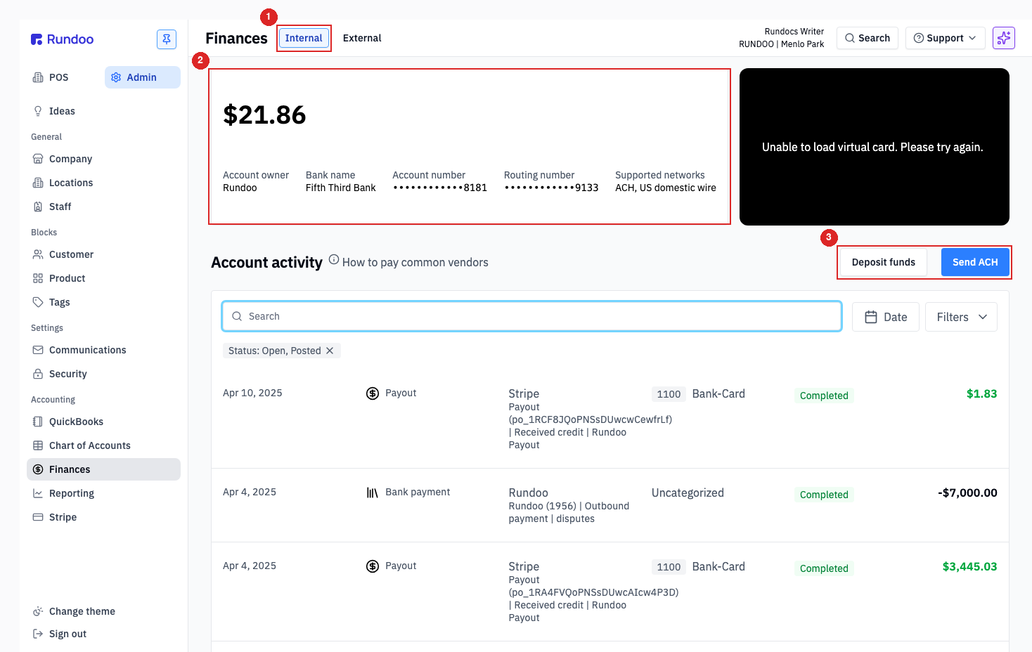 Finances Internal tab with current balance, bank details, account activity, and the Deposit funds and Send ACH buttons