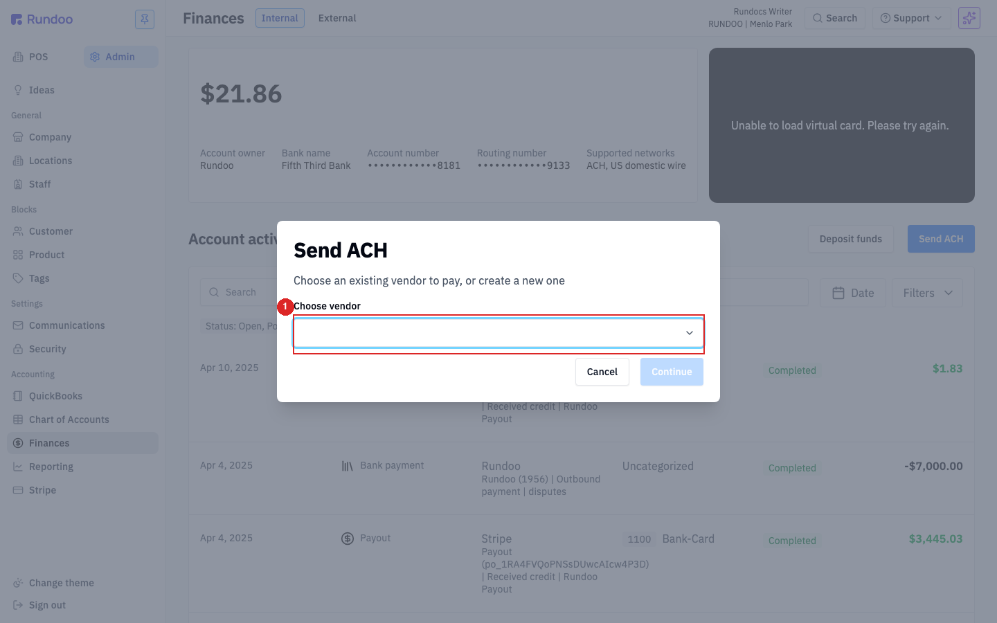 Send ACH modal with a Choose vendor dropdown for picking who the payment goes to