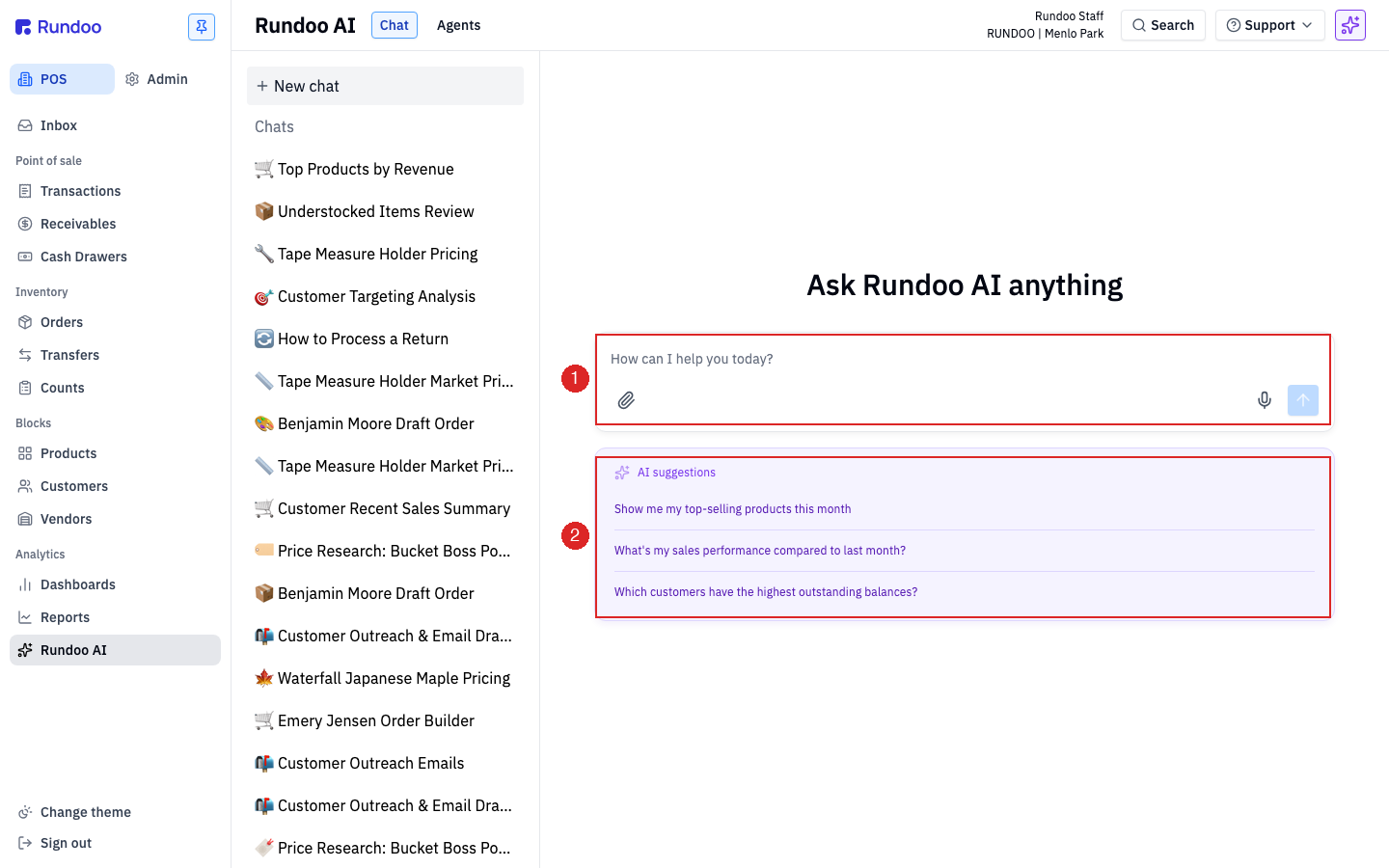 The Dooey two-pane chat: saved threads on the left, an empty New chat composer on the right with suggested starter questions