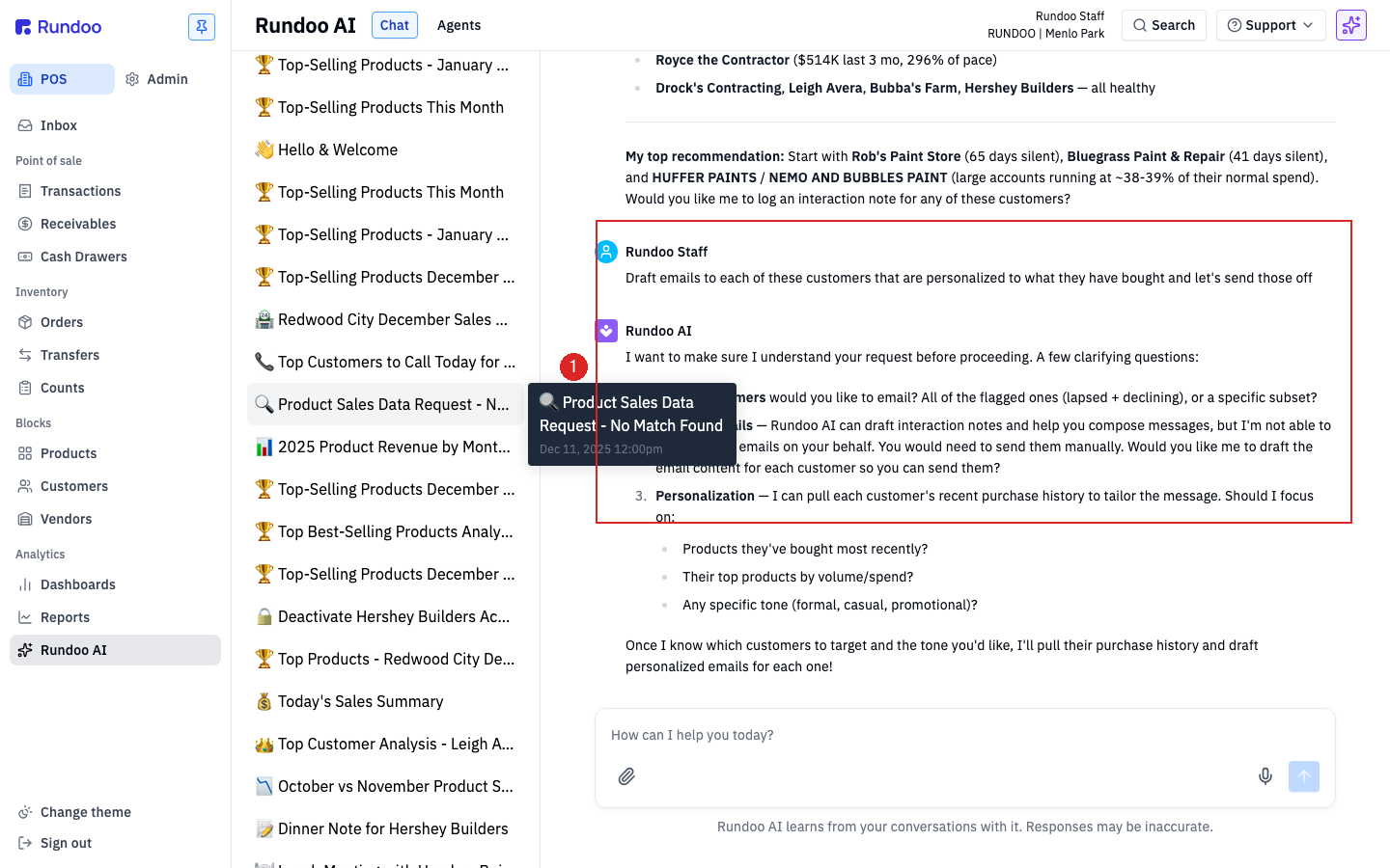 Dooey handling a follow-up question in the same thread and asking a clarifying question back
