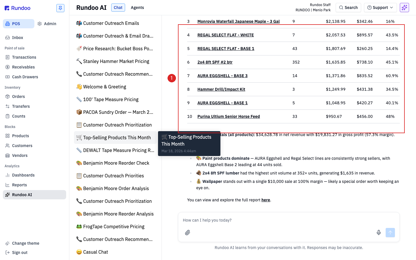 A Dooey answer to top-selling products this month: a ranked table with units, revenue, and margin, plus key highlights and a link to the full report
