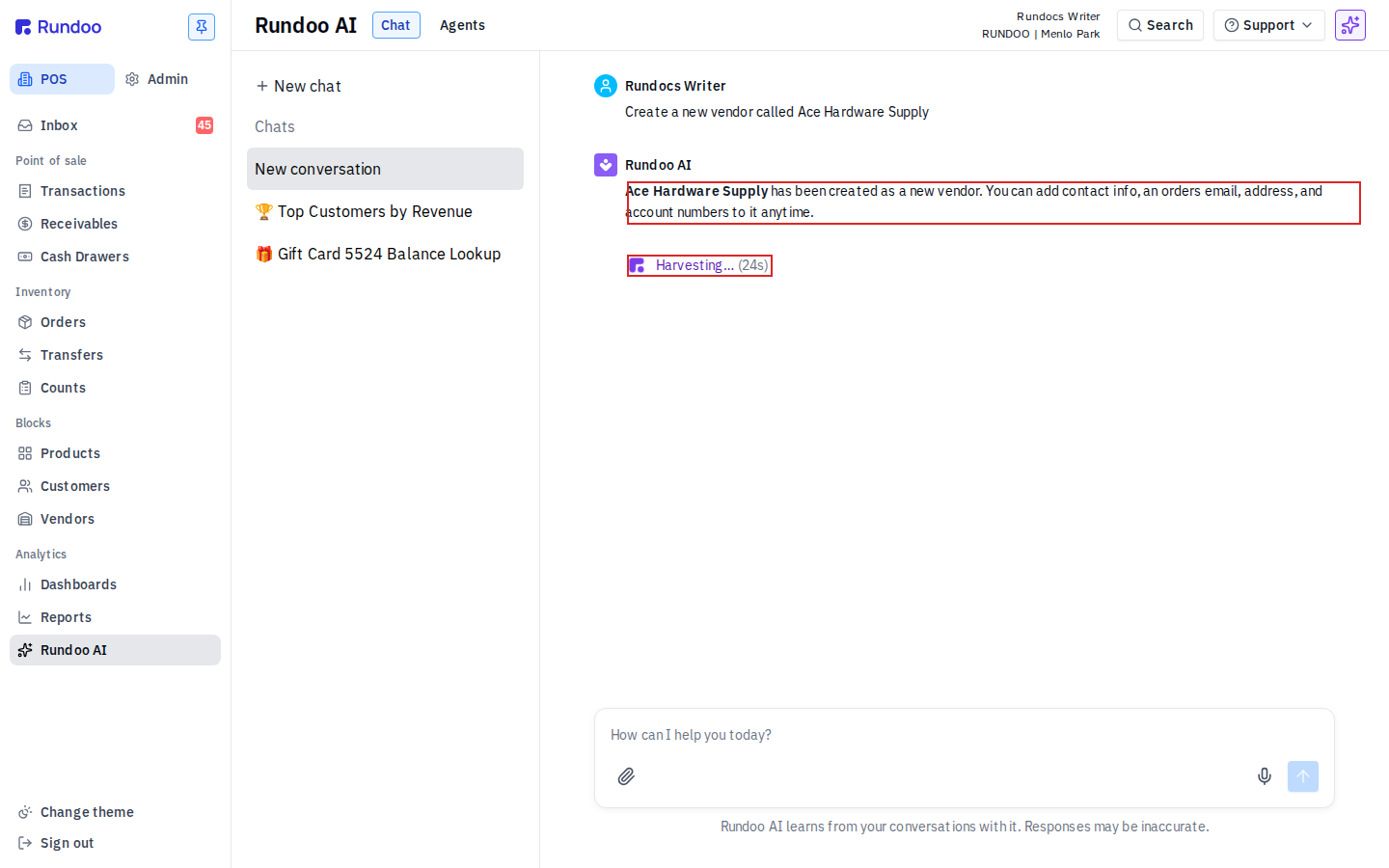 Dooey Chat: a request to create a new vendor, and Dooey's reply confirming the vendor was created, with a Harvesting elapsed counter shown