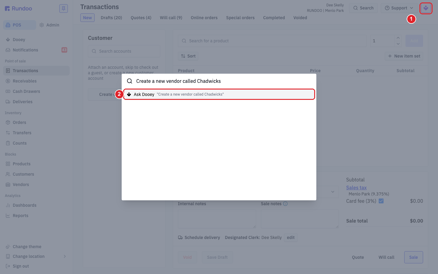 The header Search overlay with the Dooey mark highlighted top-right and the Ask Dooey row highlighted below the search box