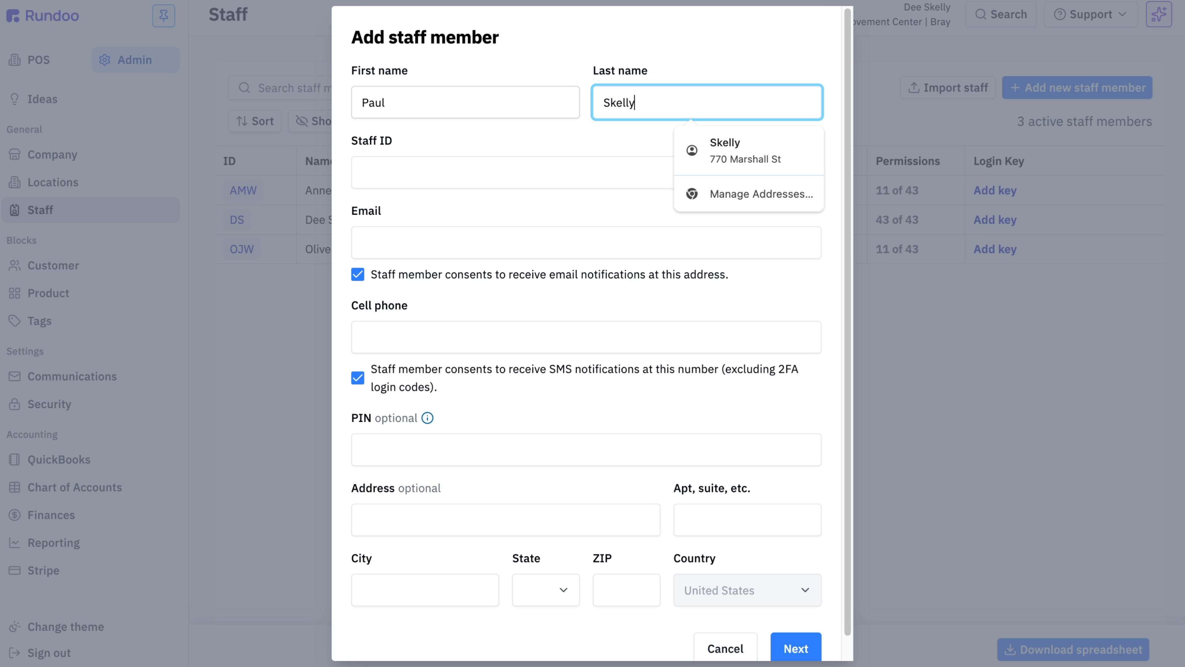 The Add staff member form showing First name, Last name, Staff ID, and Email fields, with PIN and Address marked optional