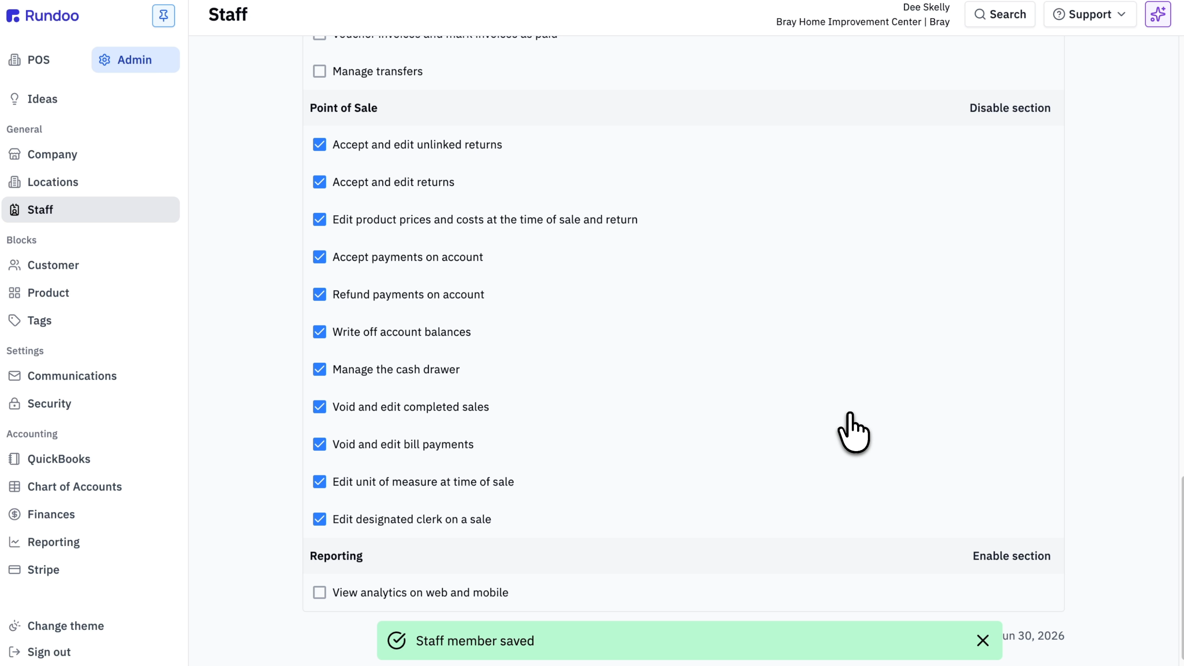 A staff member's Permissions tab showing the Point of Sale section with individual checkboxes and a Disable section link, and a Reporting section below with Enable section