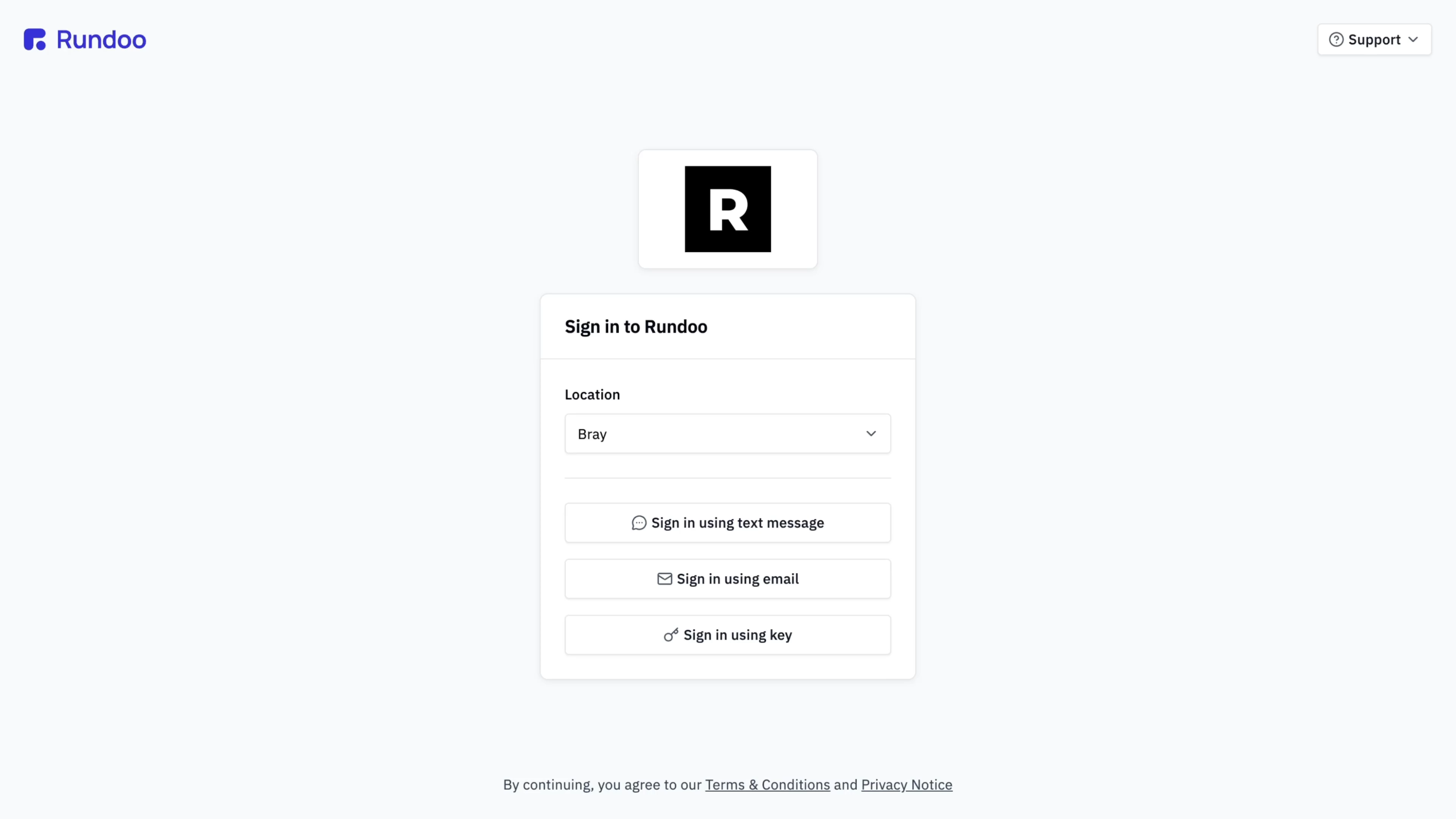 The Rundoo sign-in card with a Location dropdown set to Bray, and three buttons below: sign in using text message, email, or key
