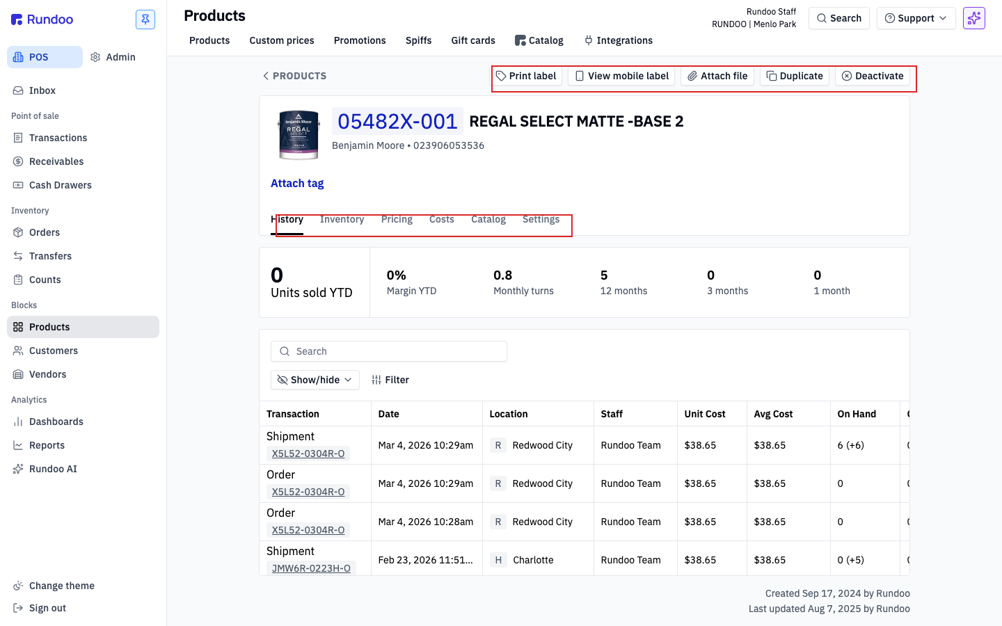 A product detail page in Rundoo with the row of tabs highlighted: History, Inventory, Pricing, Costs, Catalog, and Settings