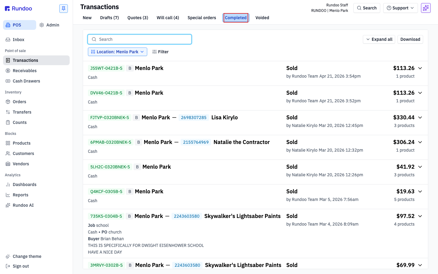 Transactions page, Completed tab, showing a list of finished sales with IDs, locations, and totals
