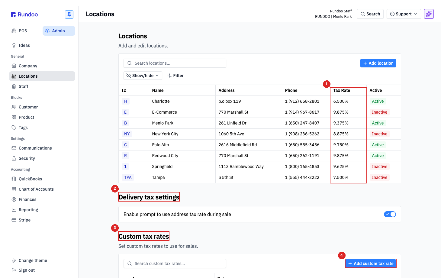Admin Locations page showing a table of store locations with their tax rates and active status