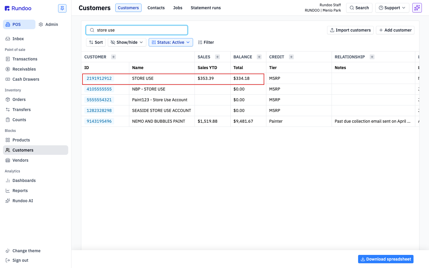 Customers list filtered to a store-use account, with the STORE USE row outlined in red