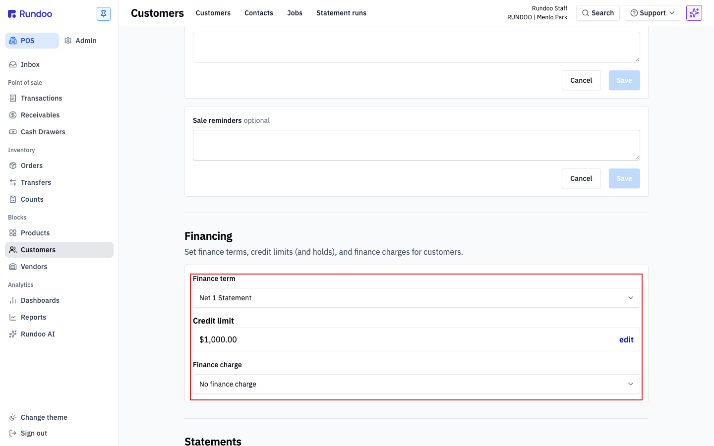 The Financing section of a customer's Settings tab, showing finance term, credit limit, and finance charge fields