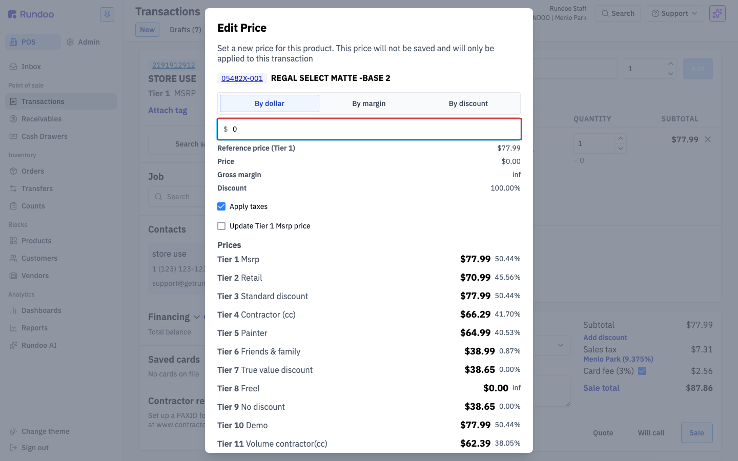 The Edit Price modal with the By dollar option selected and the price field set to zero