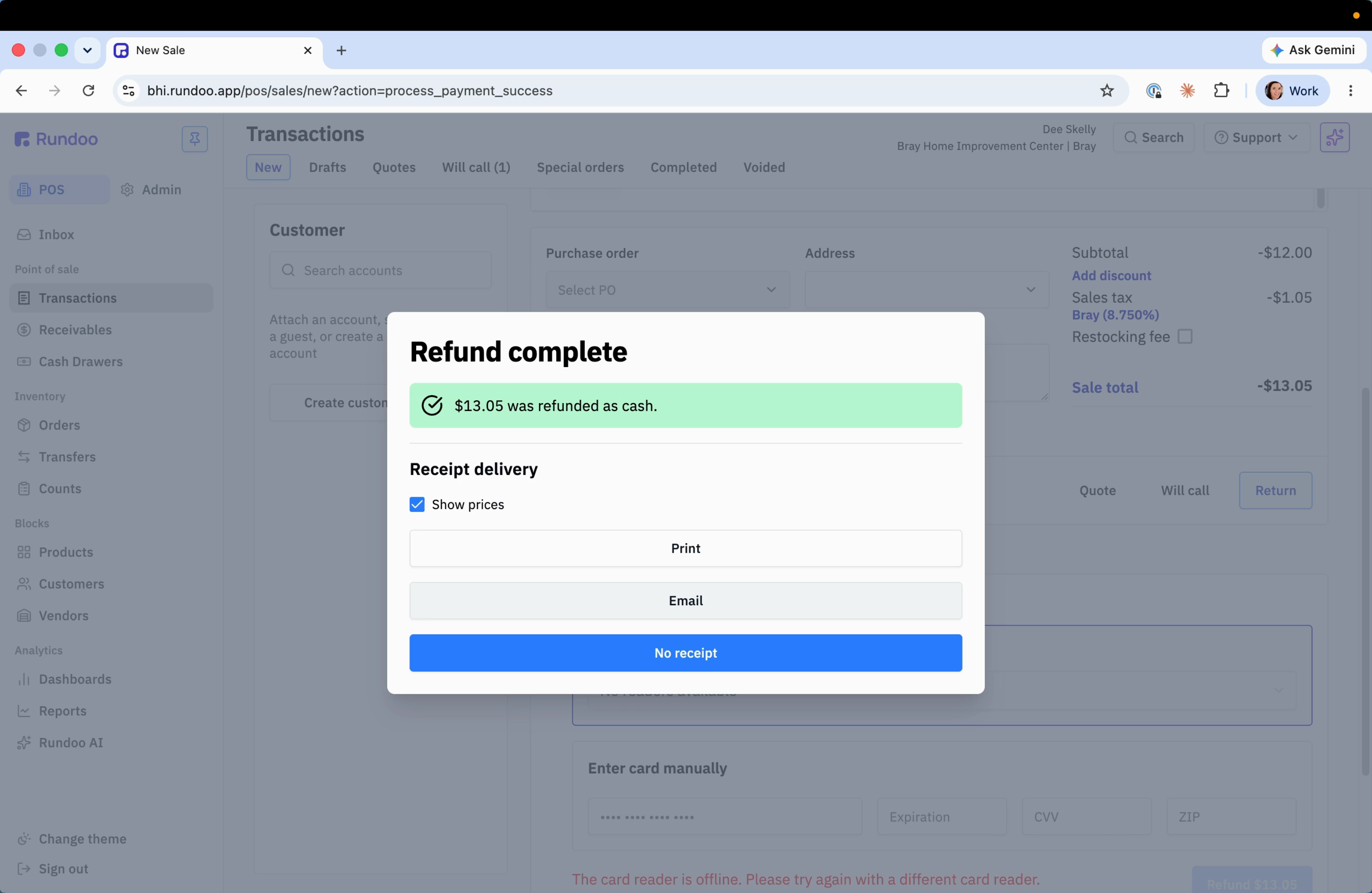 The Return payment screen with the reason filled in, Cash selected, and a blue Refund button lit up for the net amount