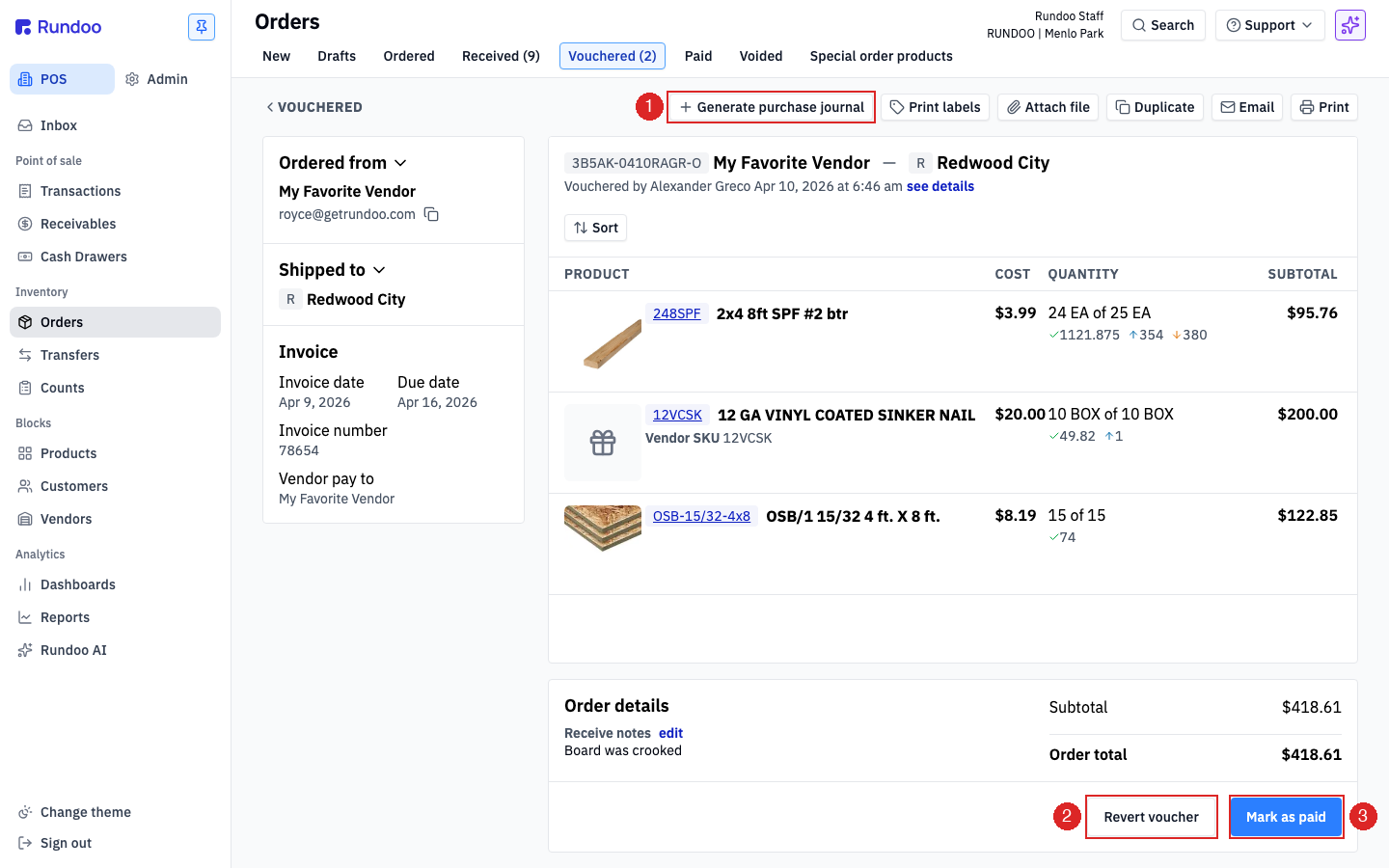 A vouchered purchase order open in Rundoo, with a read-only invoice panel on the left and Revert voucher and Mark as paid buttons at the bottom right