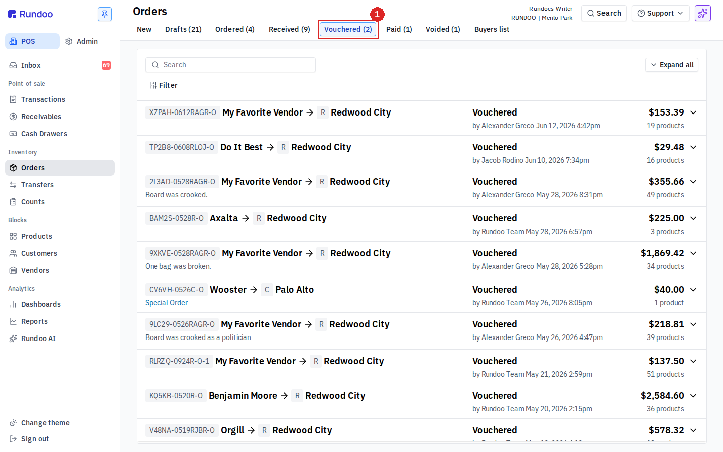 The Vouchered tab in Rundoo POS Orders, showing a list of unpaid bills with vendor, location, who vouchered, a Vouchered status pill, and the invoice total on each row