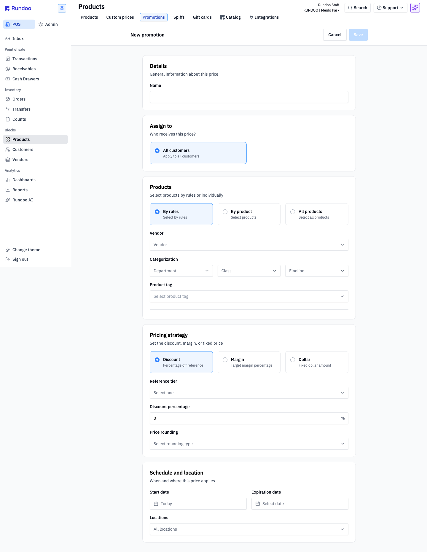 The New promotion form with its five sections: Details, Assign to, Products, Pricing strategy, and Schedule and location
