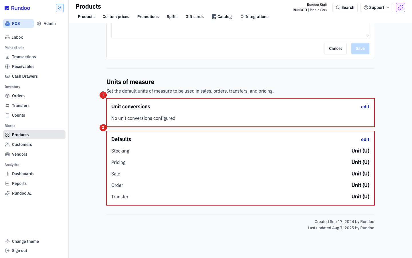 Product Settings tab showing the Unit conversions card and the Defaults card side by side