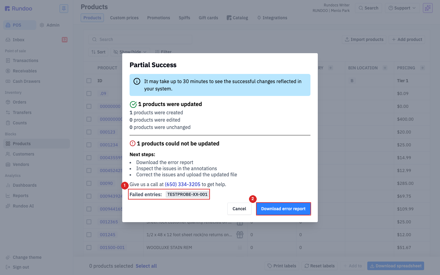 The Partial Success result showing how many products were updated versus could not be updated, a Failed entries list, and a Download error report button