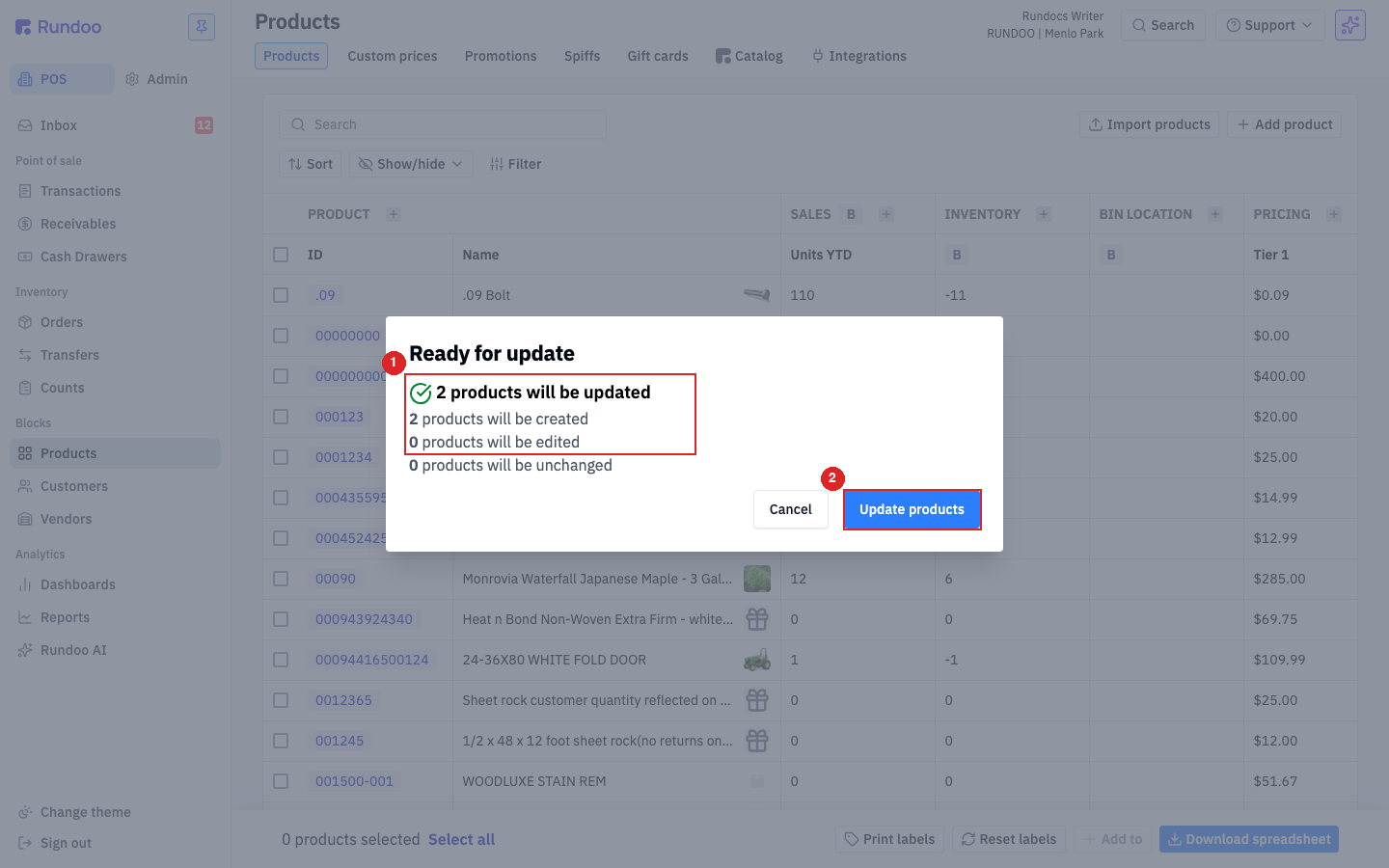 The Ready for update preview showing counts of products that will be updated, created, edited, and unchanged, with Cancel and Update products buttons