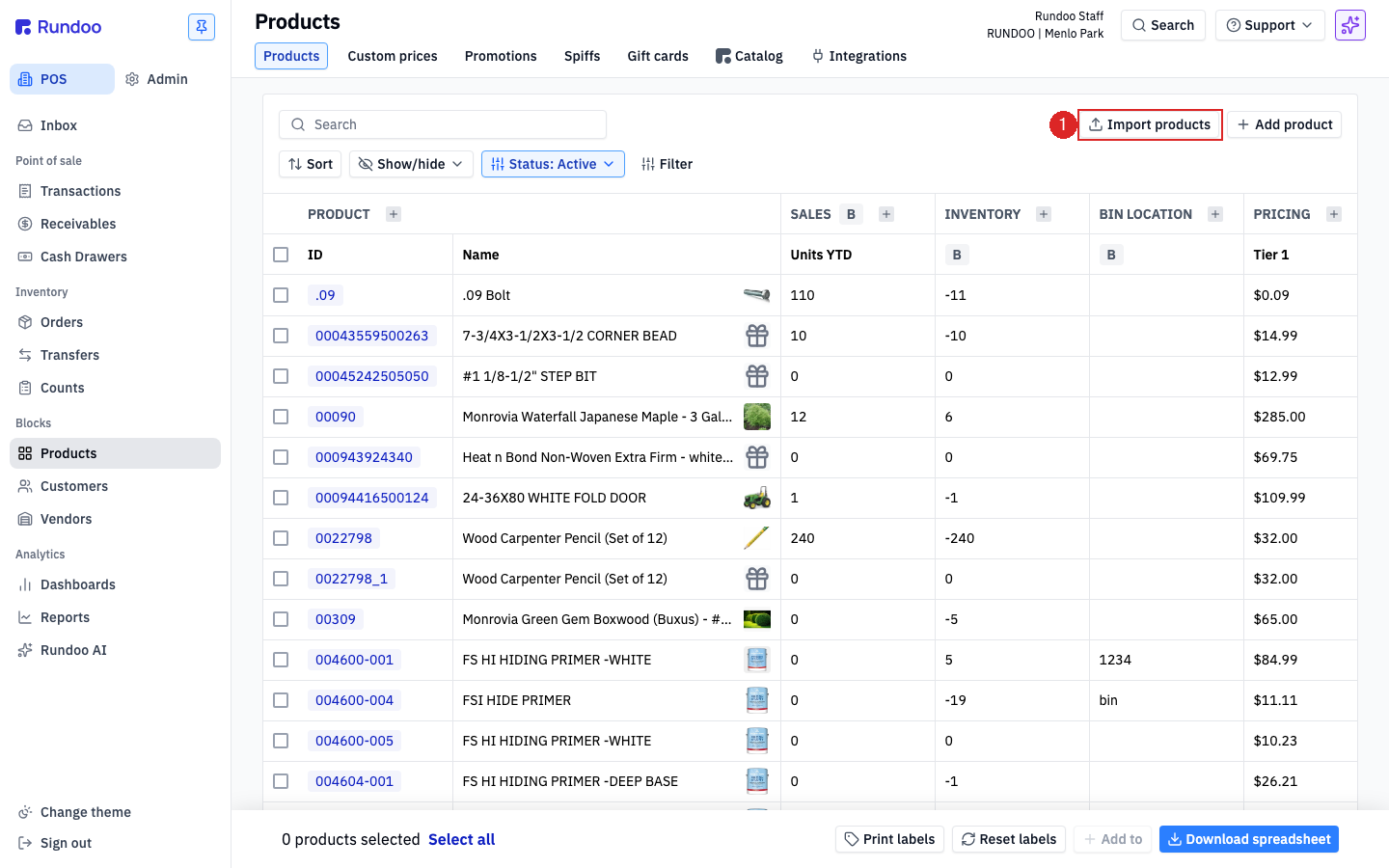 The Rundoo Products list with the Import products button highlighted at the top-right and the Download spreadsheet button at the bottom-right