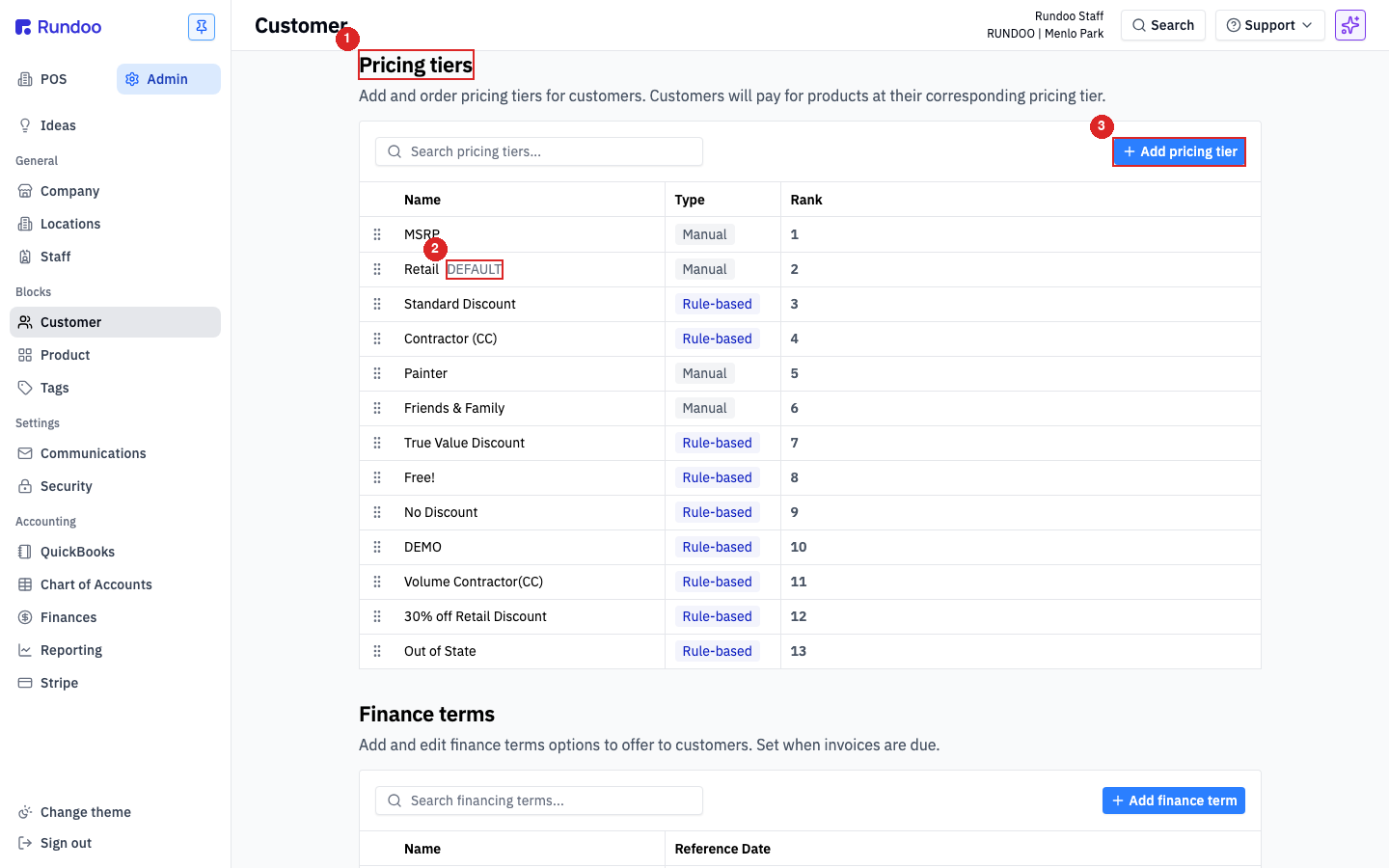 The Pricing tiers section under Customer, showing tiers like MSRP, Retail, Standard Discount and Contractor with their Type and Rank