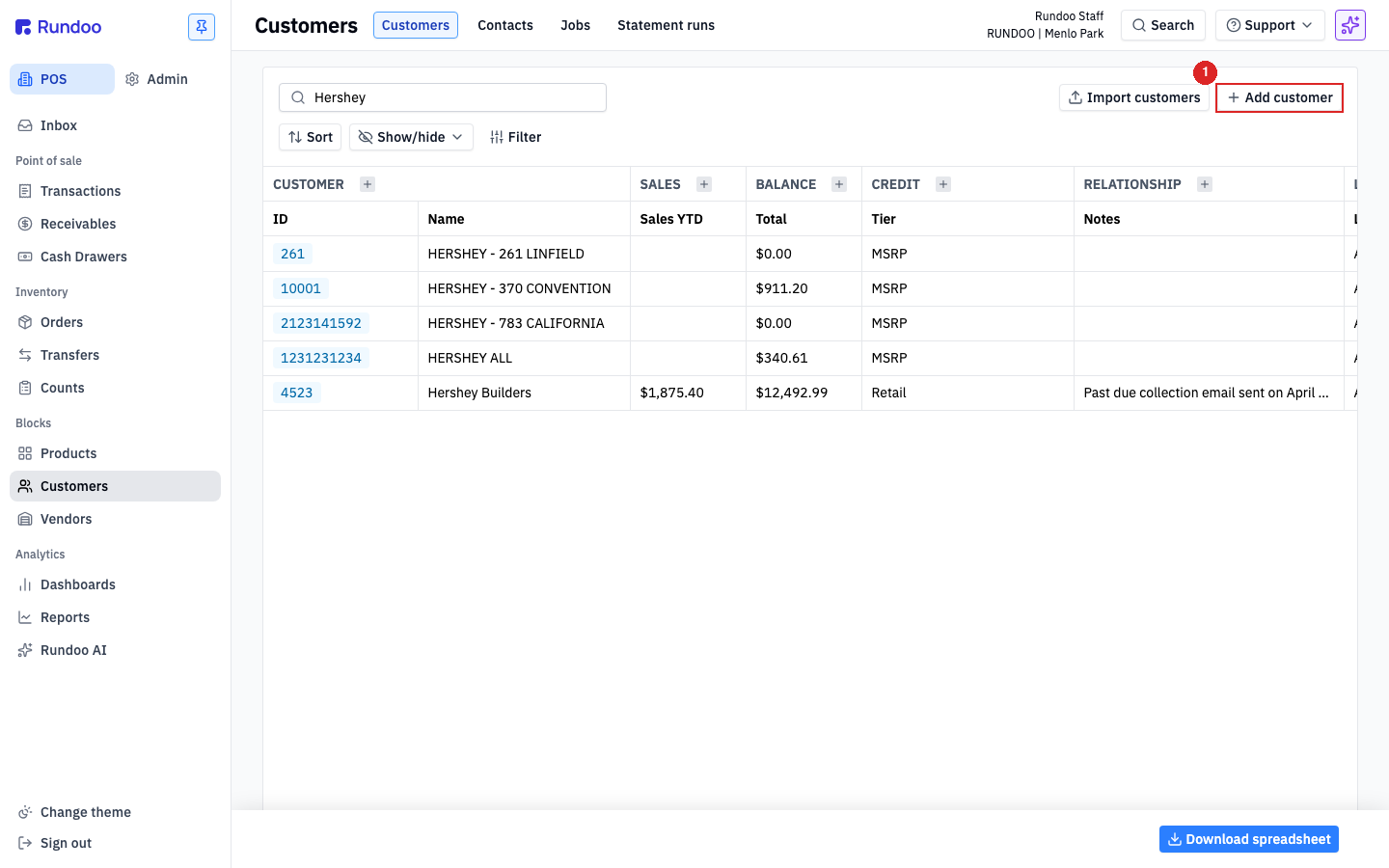 The Rundoo Customers list with the Add customer button highlighted in the top-right
