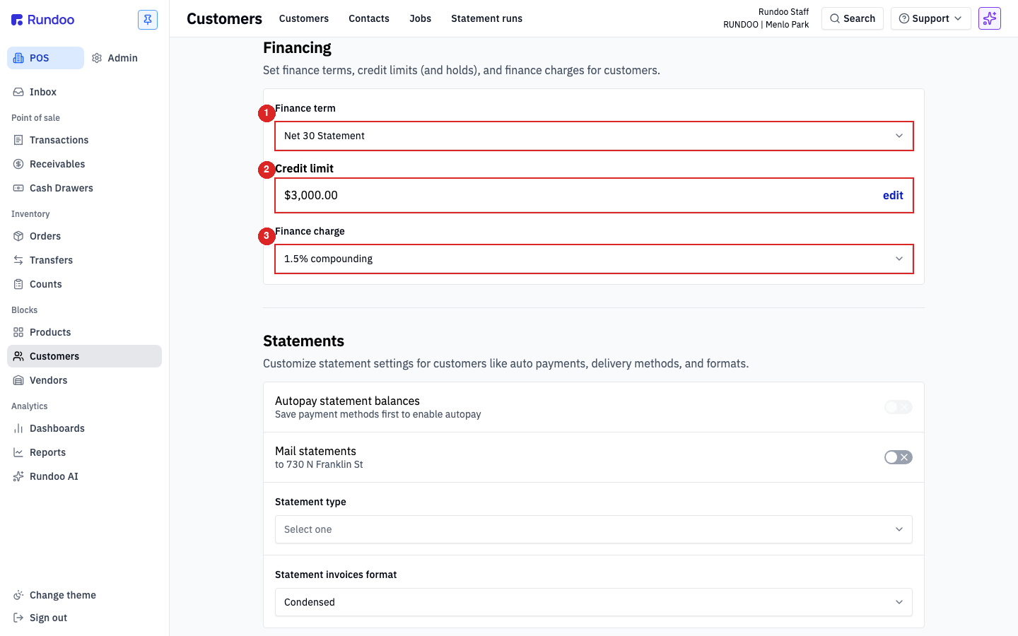 The Financing section on the Settings tab, with Finance term set to Net 30 Statement, a Credit limit, and a Finance charge