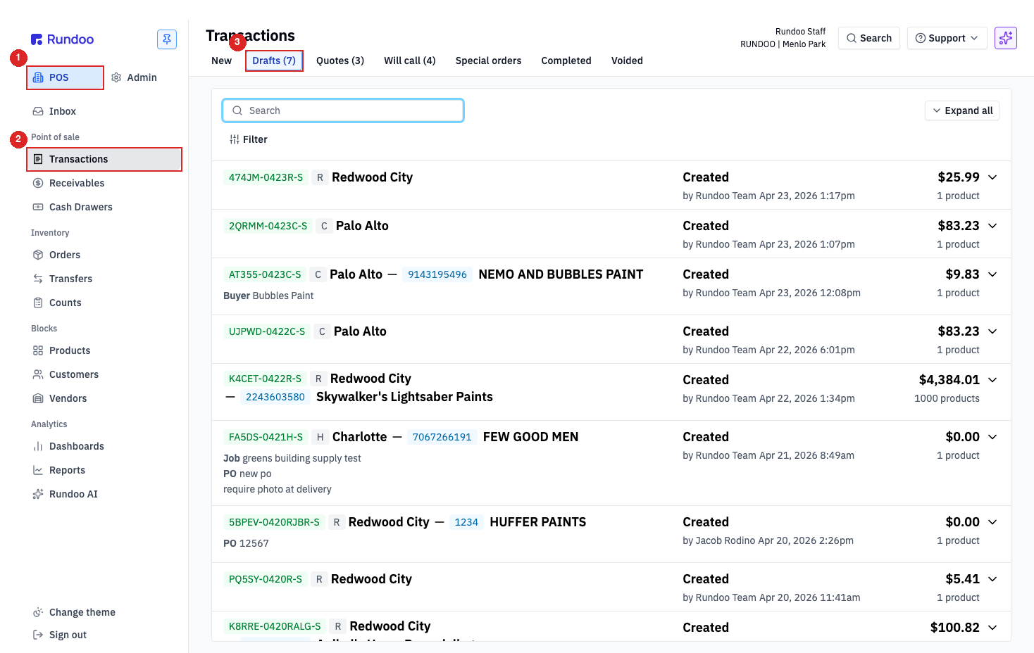 The Transactions screen in POS mode, Transactions selected in the left sidebar, with the top-tab strip reading New, Drafts, Quotes, Will call, Special orders, Completed, Voided