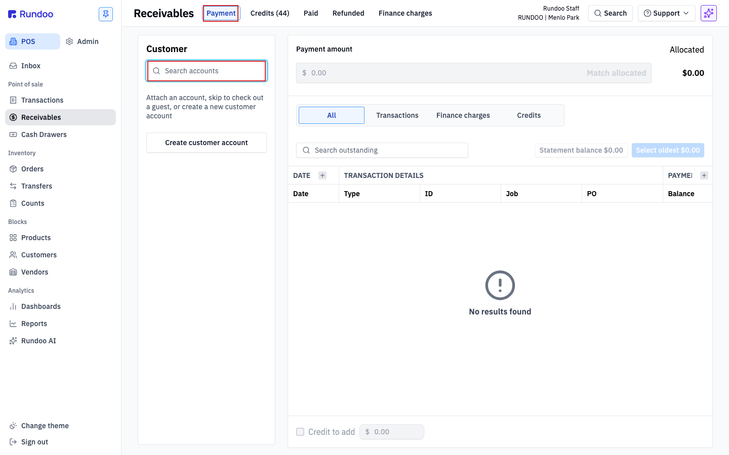 The Rundoo Receivables screen with the Payment tab selected and the Search accounts field highlighted in the Customer panel
