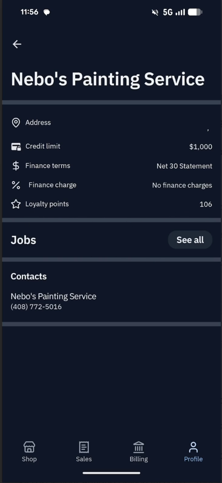 Contractor app profile showing a running loyalty points total