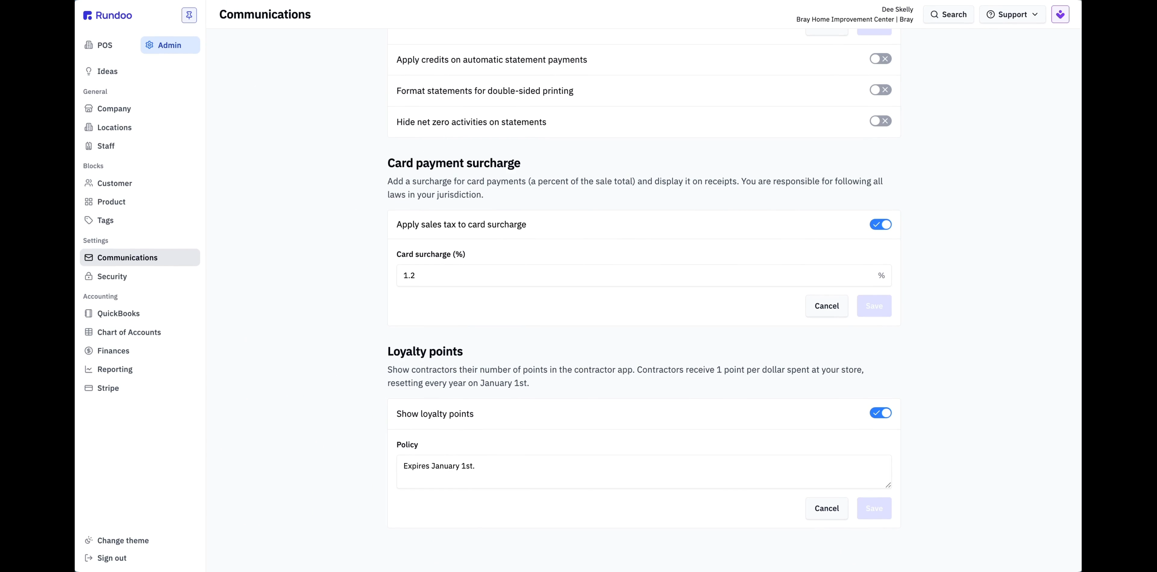 Admin Communications page with the Show loyalty points toggle on and a policy note